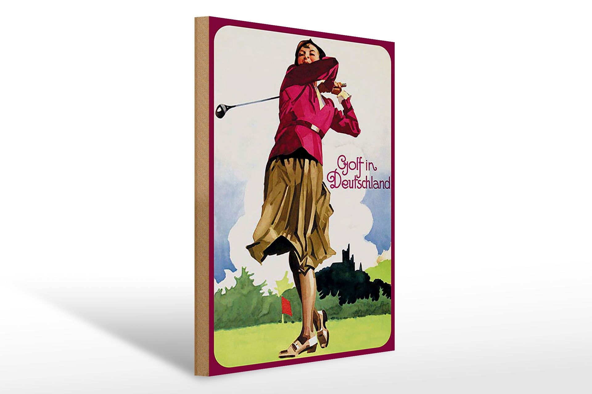 Holzschild Sport 30x40 cm Golf in Deutschland Frau mit Golfschläger Deko Schild