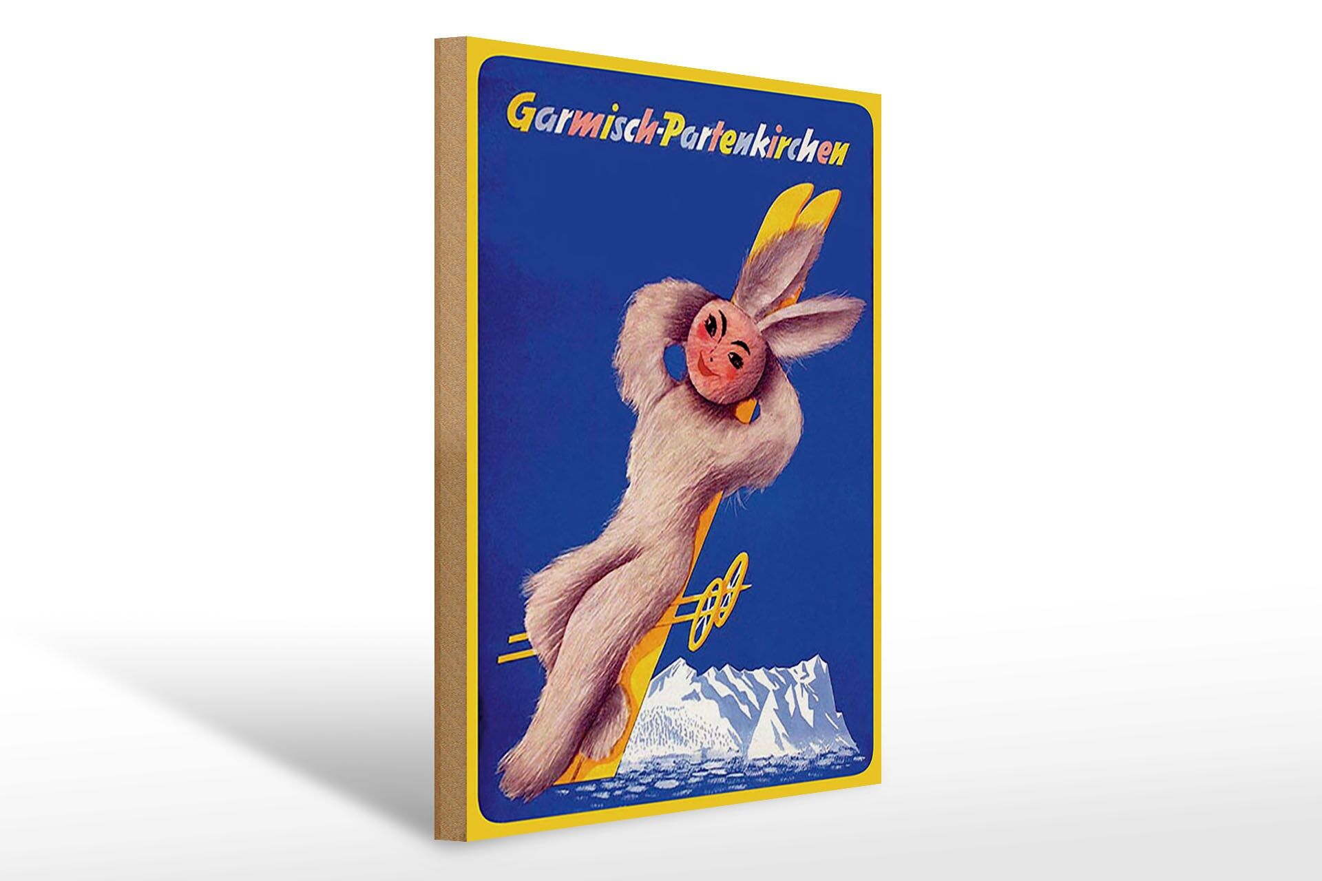 Holzschild Reise 30x40 cm Garmisch Partenkirchen Schneehase auf Ski Deko Schild