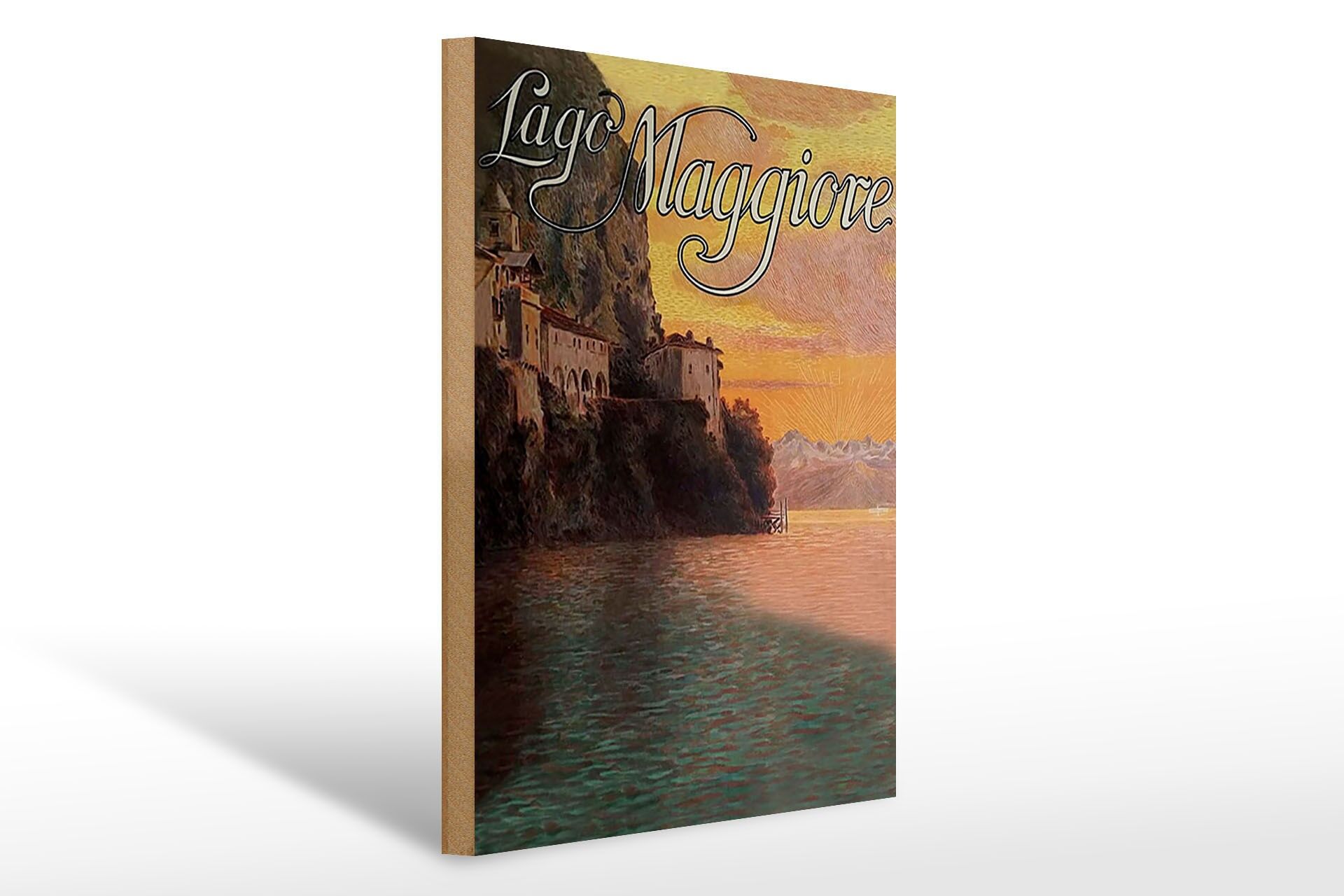 Holzschild Reise 30x40 cm Lago Maggiore Haus an Küste Wasser Deko Schild