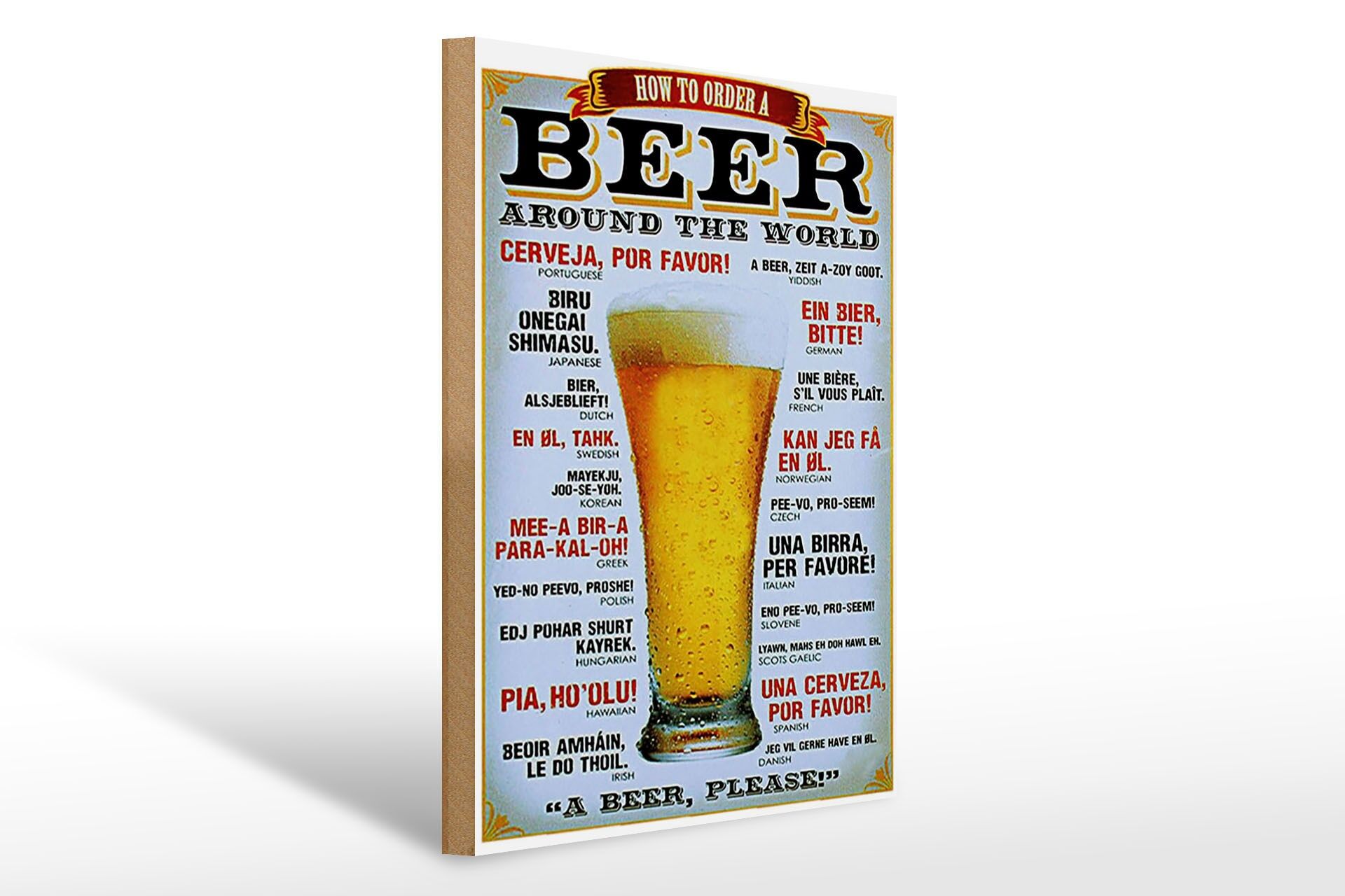 Holzschild Spruch 30x40 cm How to order a Beer around the world Deko Schild