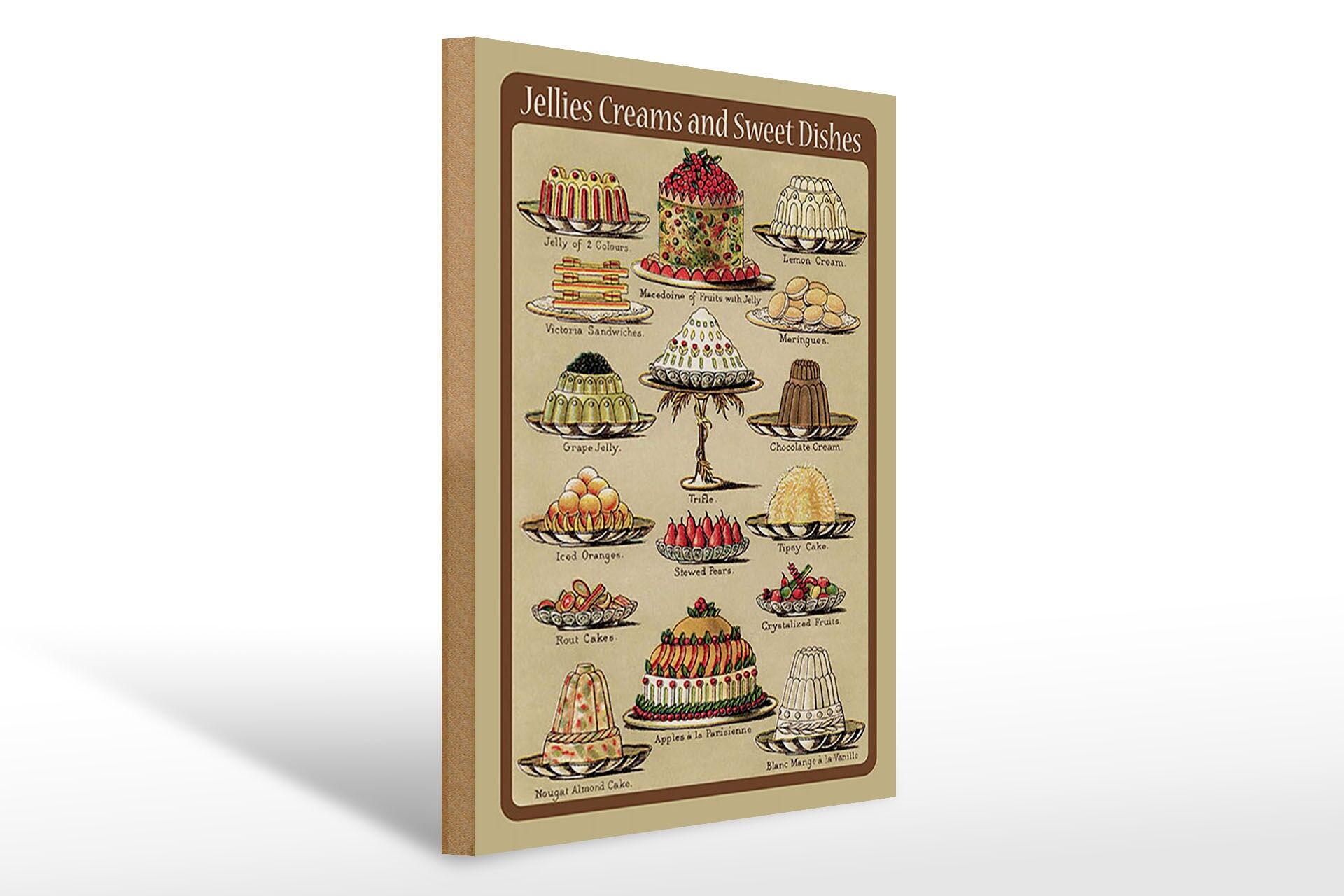 Holzschild Backen 30x40 cm Jellies Creams and sweet dishes Kuchen Variationen