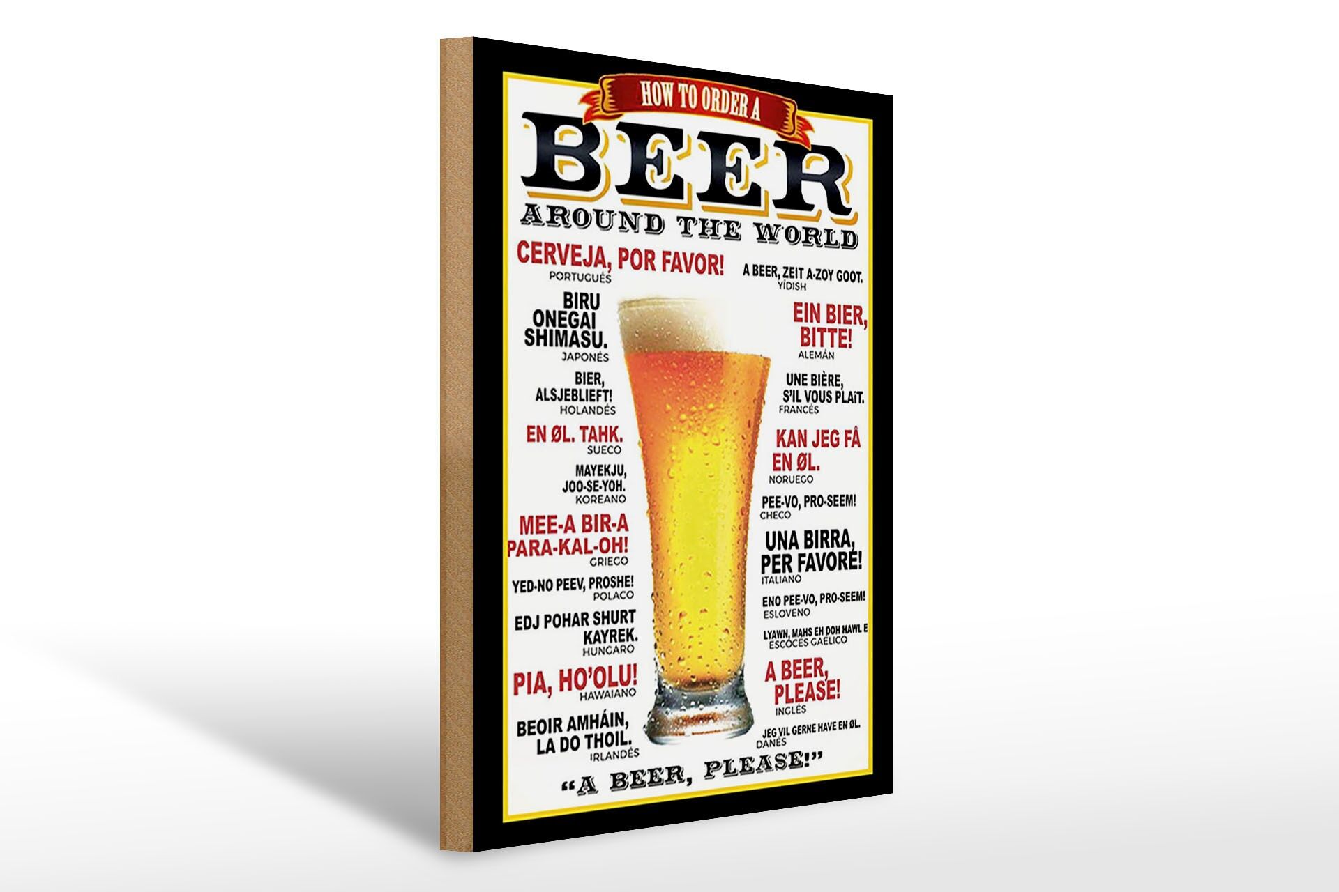 Panneau en bois alcool 30x40 cm Comment commander une bière dans le monde entier Une bière s'il vous plaît