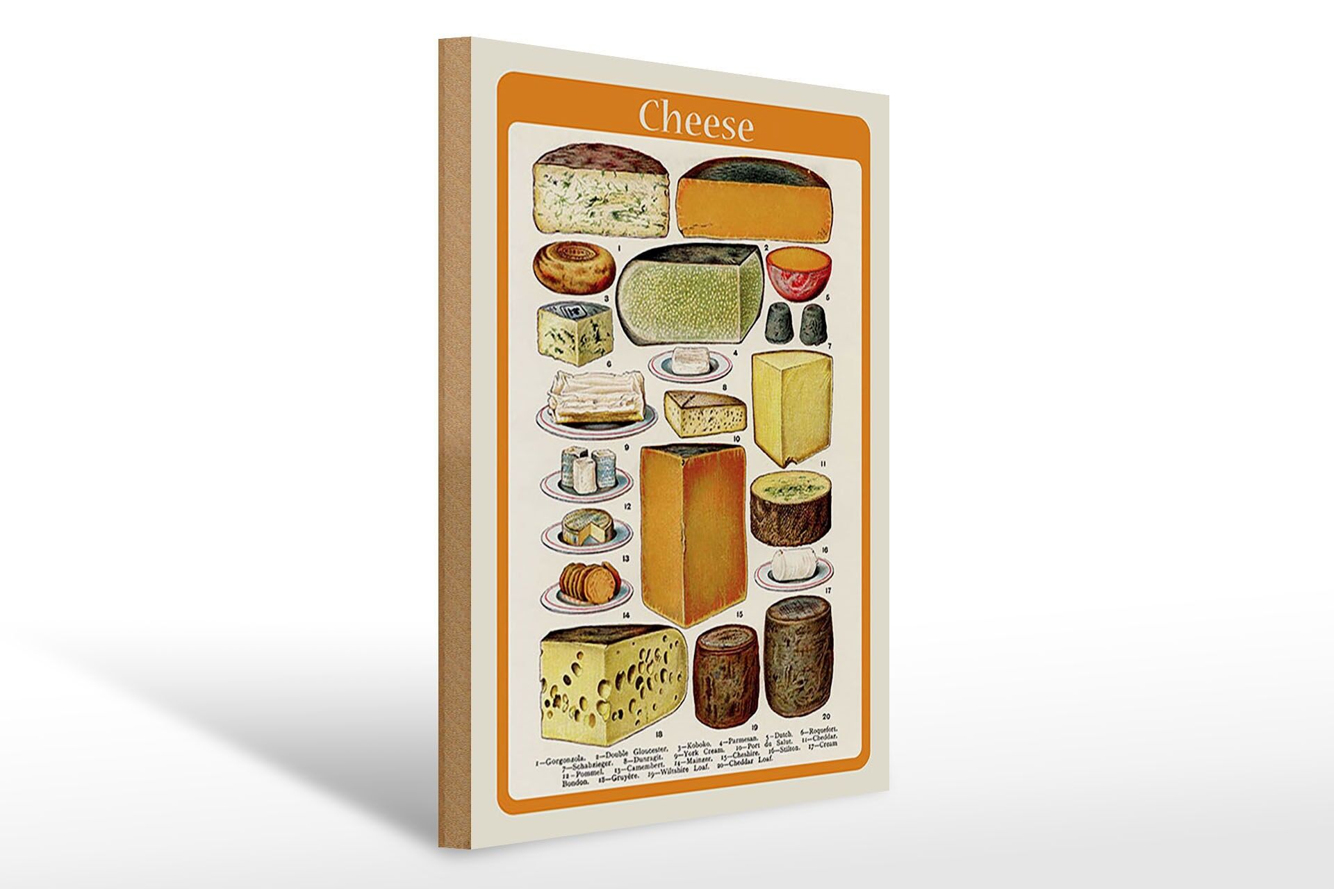 Holzschild Essen 30x40 cm Cheese Käse Liste verschiedener Sorten Deko Schild