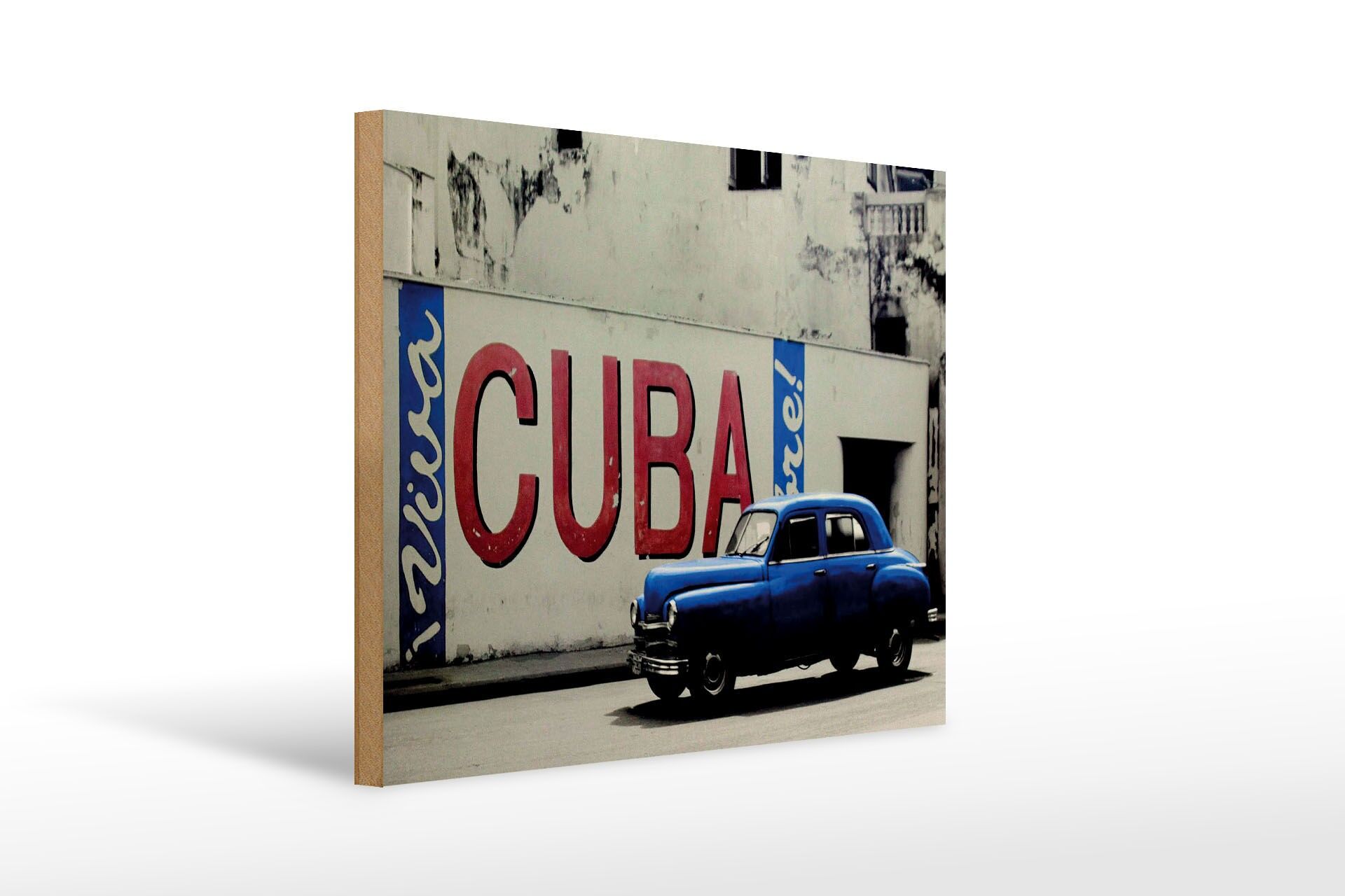 Holzschild Reise 30x40 cm Viva Cuba blaues Auto Kuba Deko Schild