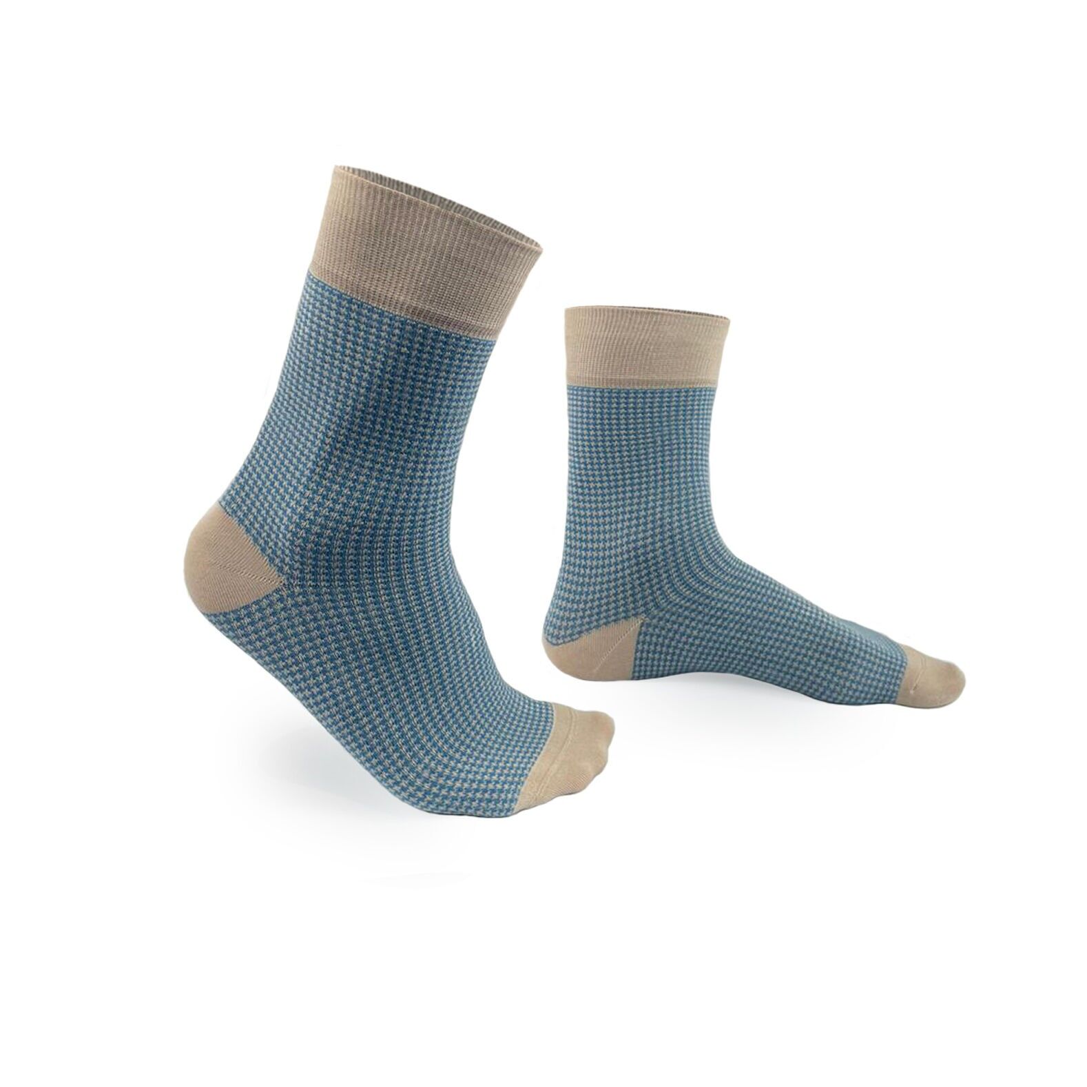 Chaussettes beige et bleu ciel pied de poule