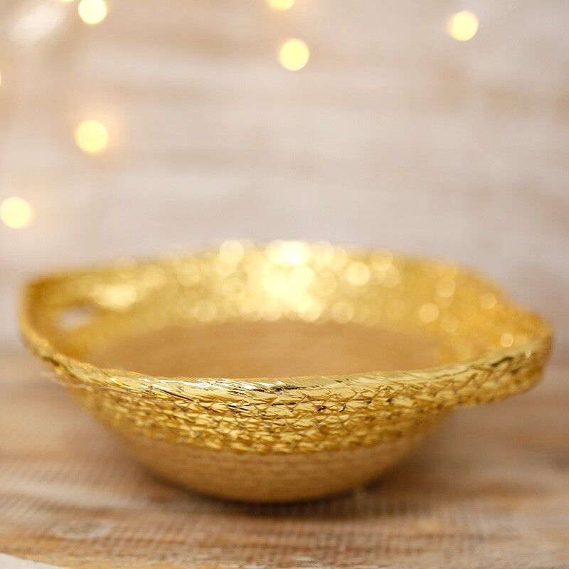 Cesta cuerda papel natural/oro con asa 20cm