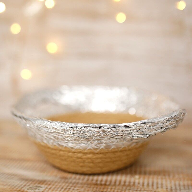 Cesta cuerda papel natural/plata con asa 20cm