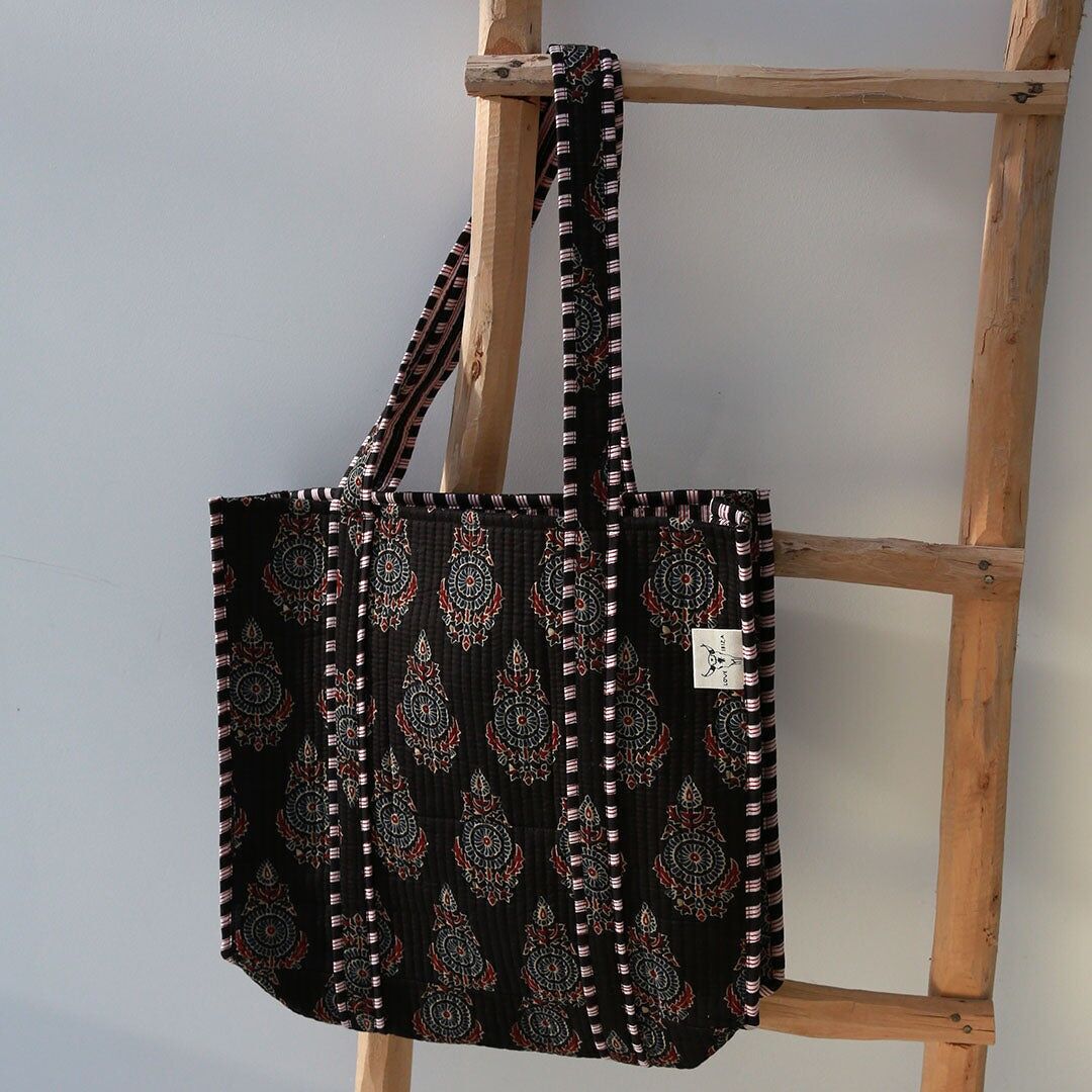 Schultertasche mit Blockprint, indisch schwarz