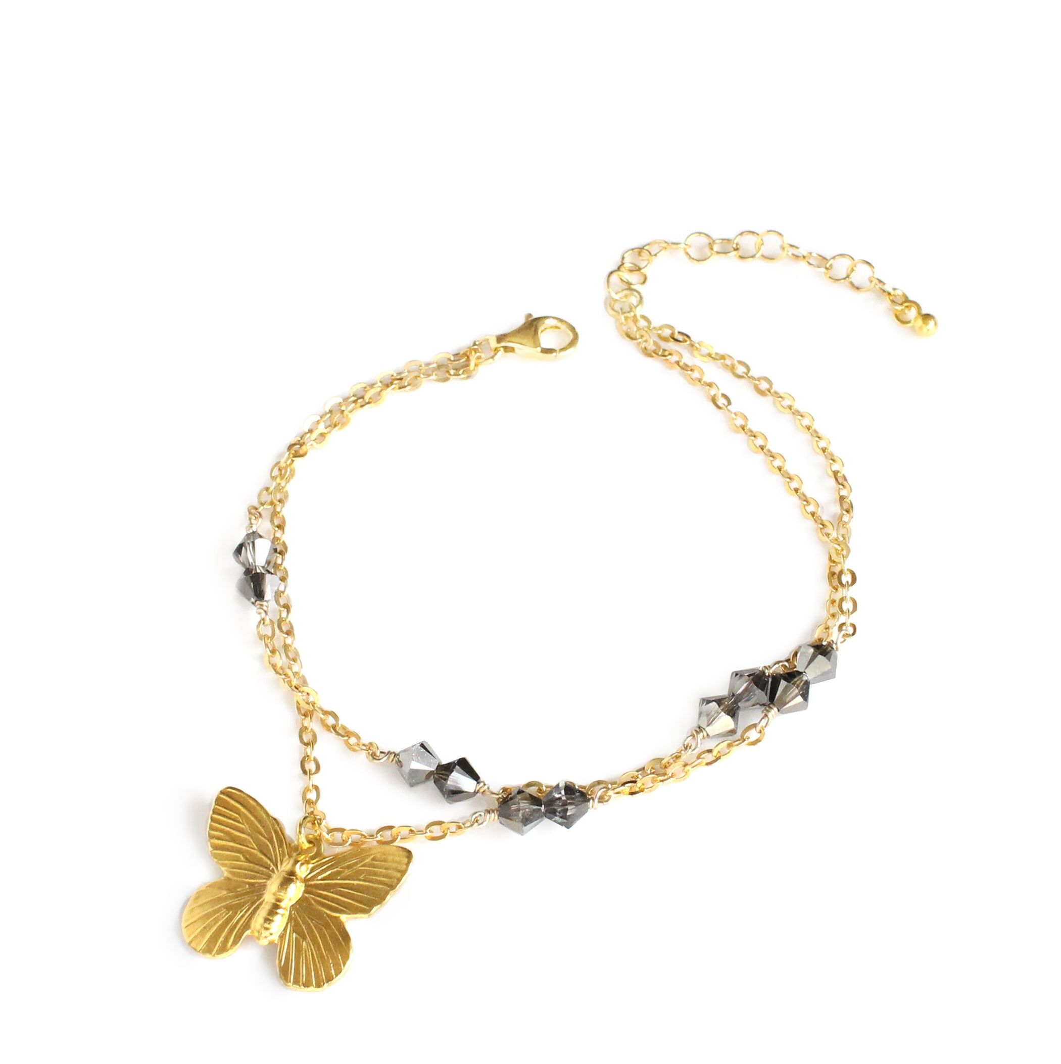 Double chain gold plated butterfly bracelet with Black Diamond crystals
