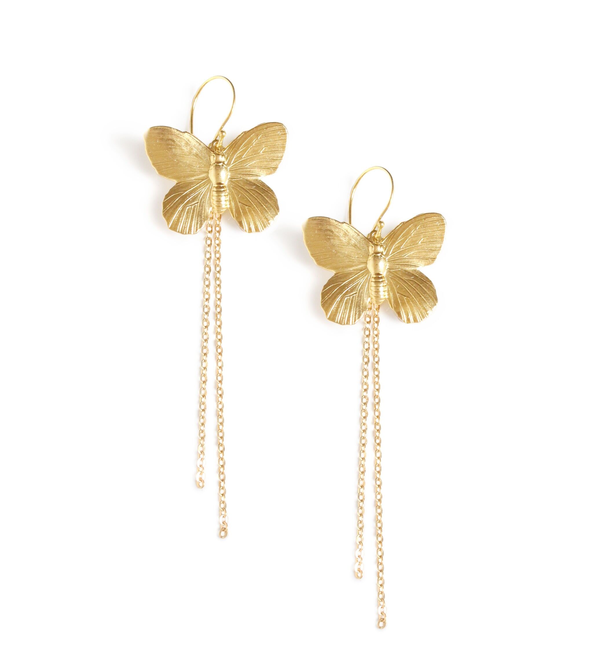 Long-length gold plated butterfly earrings