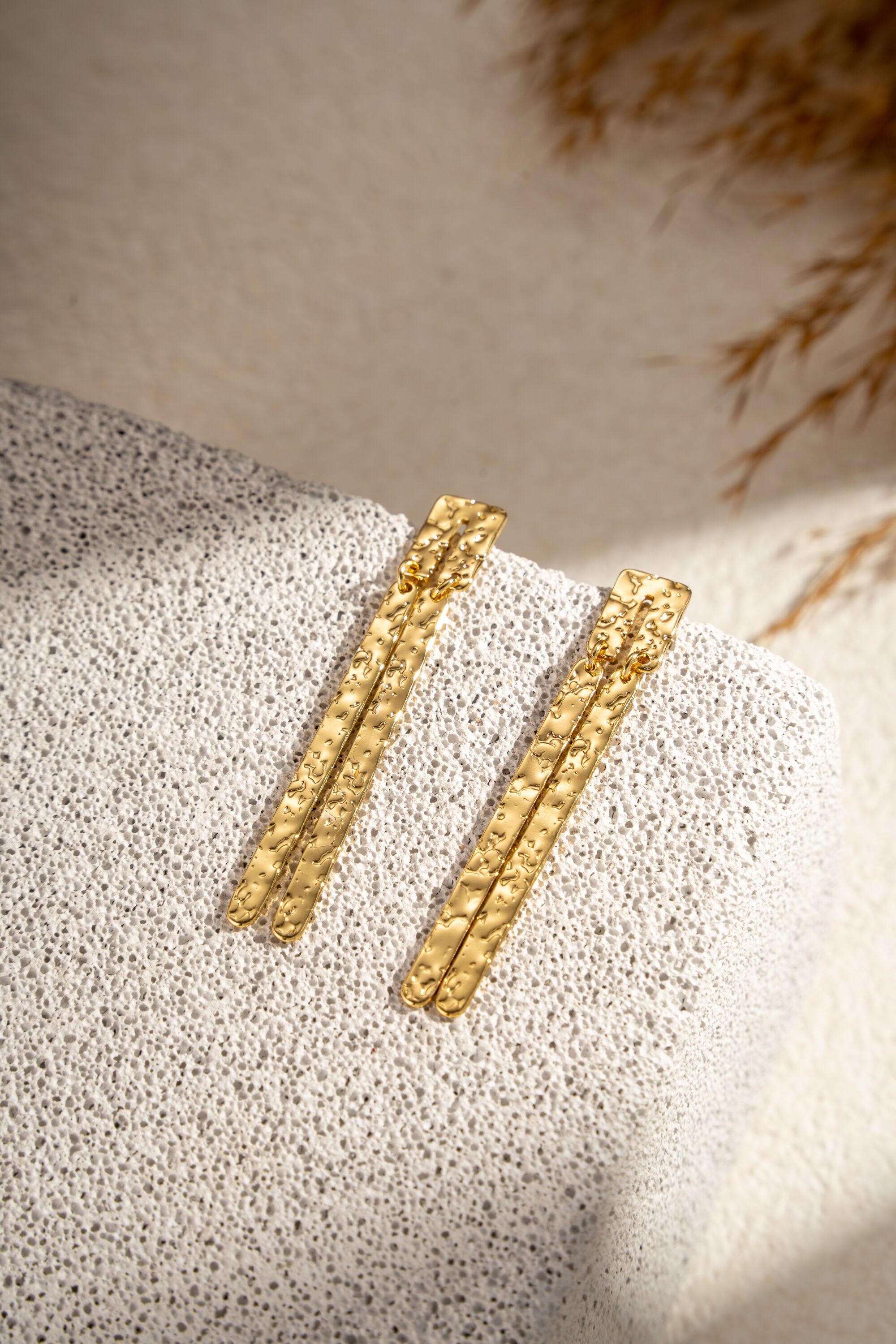 Rectangular hammered gold stainless steel earrings