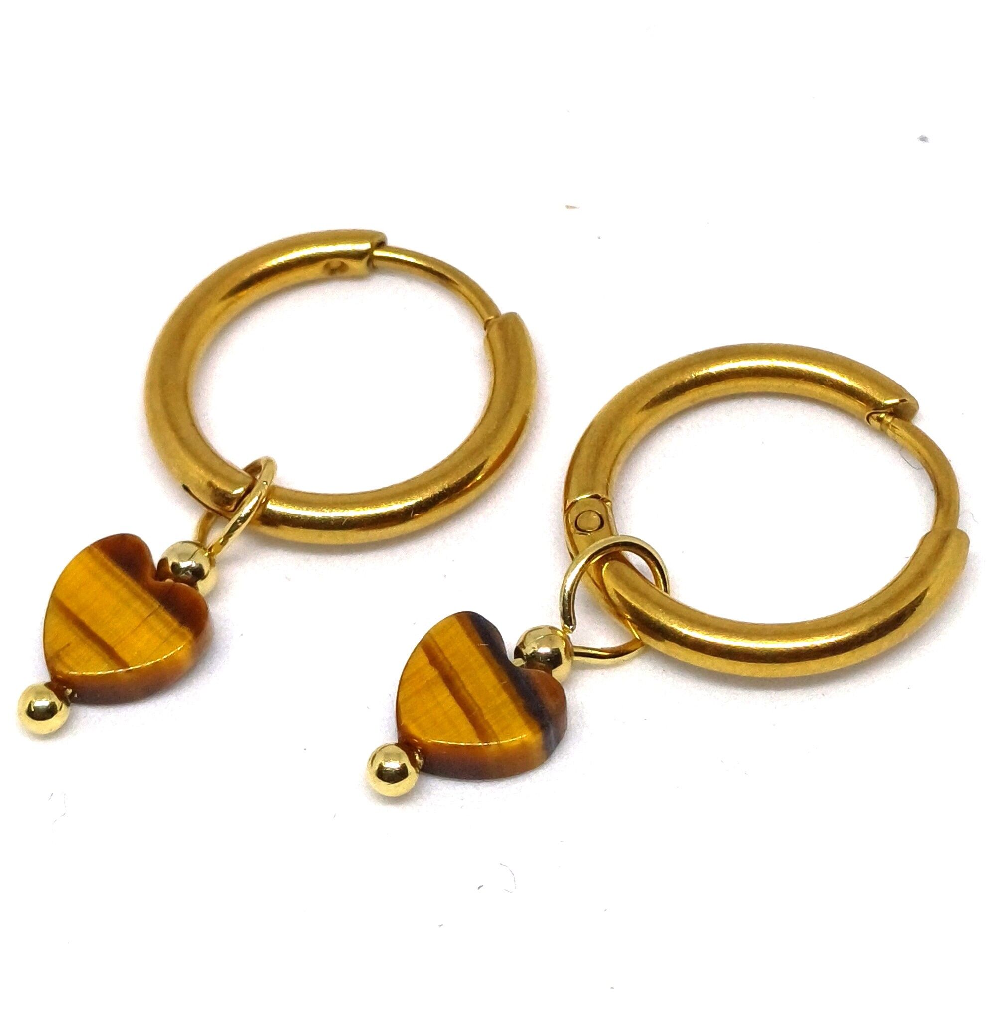 Creole with mini heart Tiger Eye gemstone