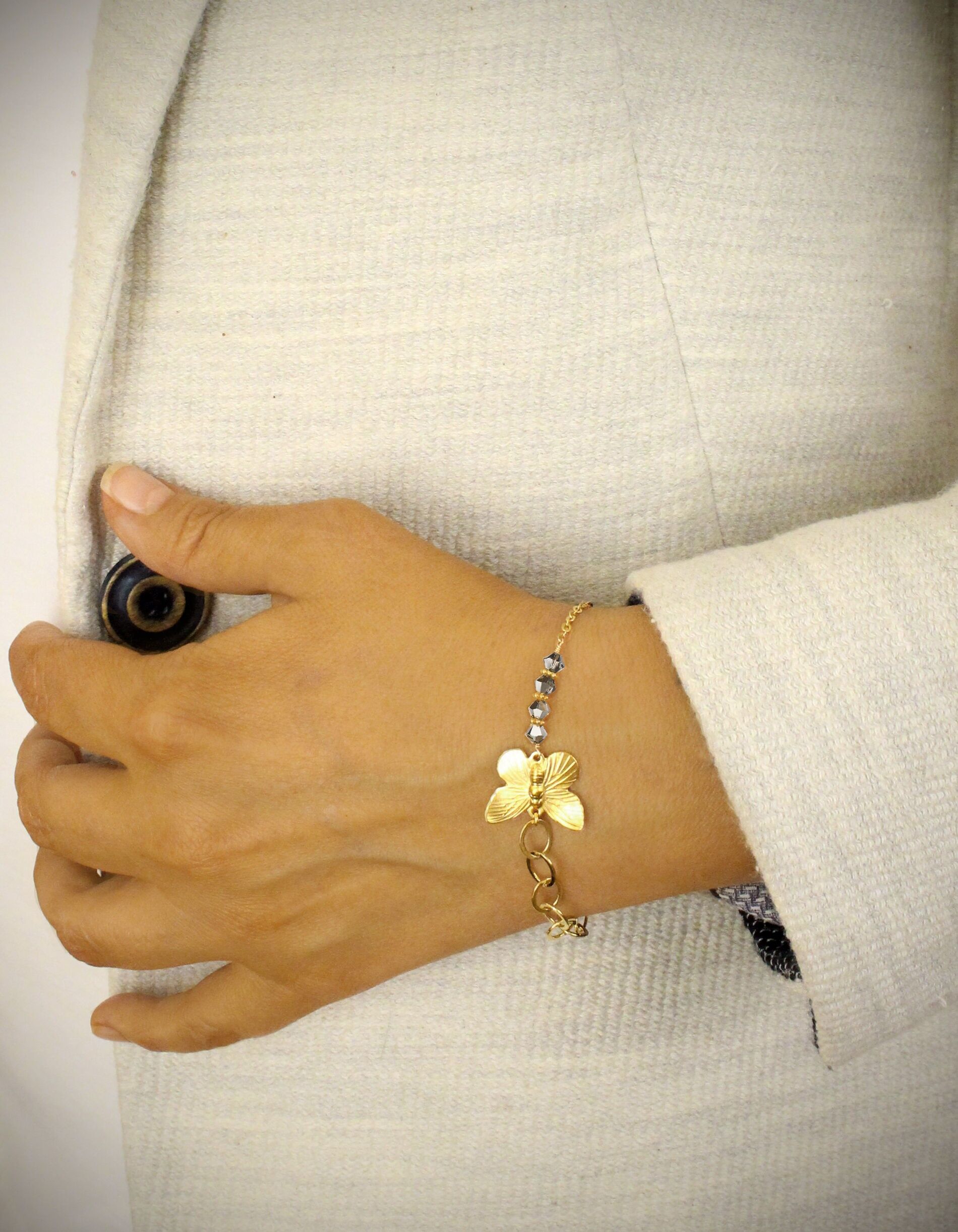 18K gold plated butterfly bracelet with Black Diamond crystals