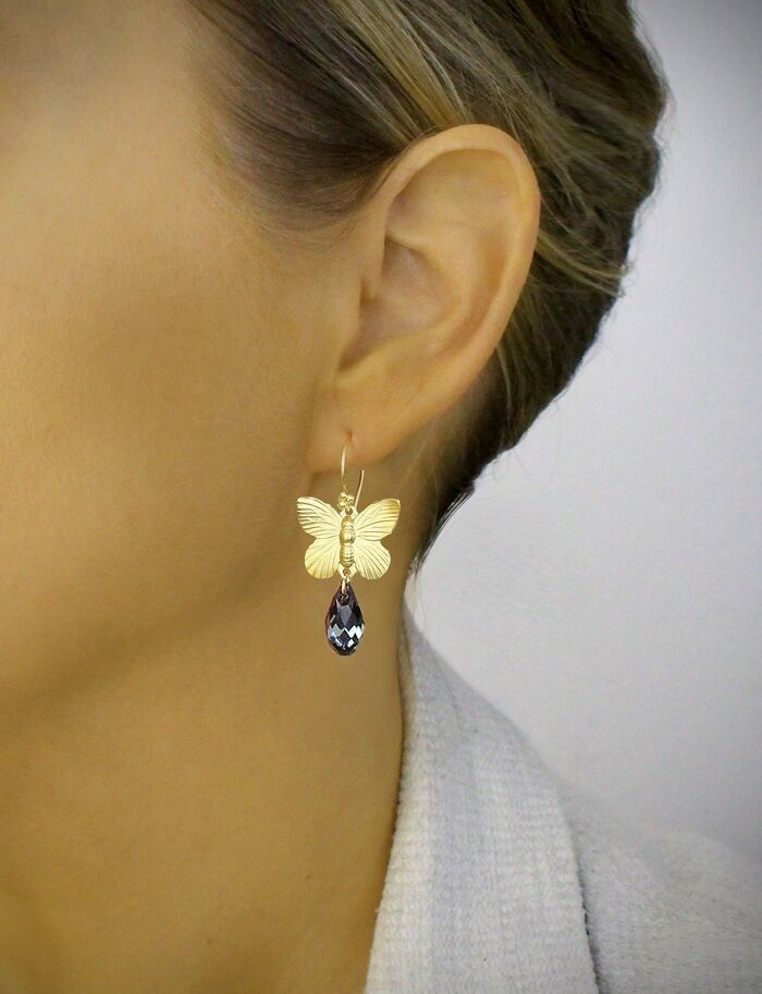 18K gold plated butterfly earrings with Black Diamond drops