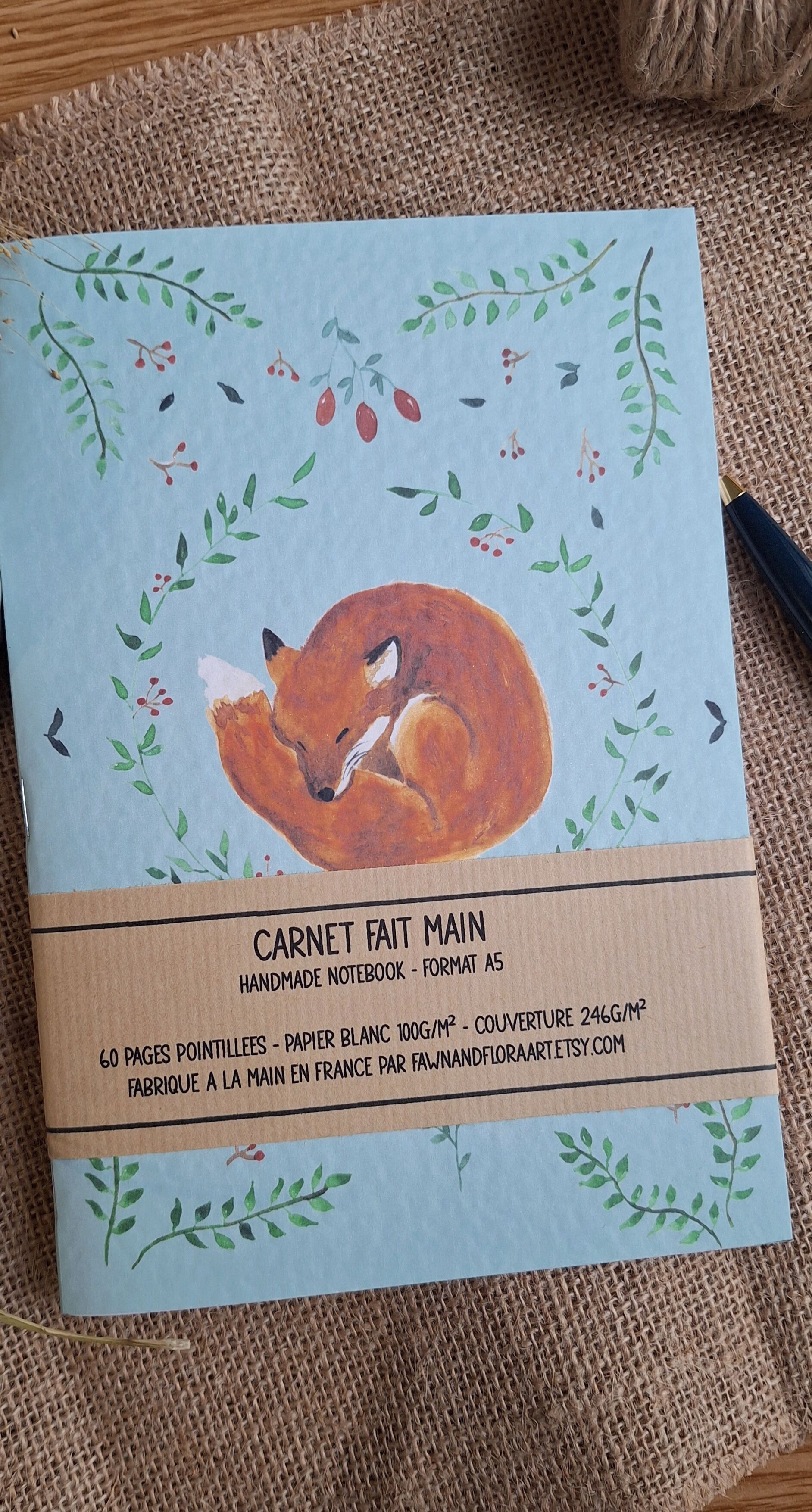 Carnet renard et plantes à l'aquarelle – papeterie animal de la forêt - fait main/artisanal