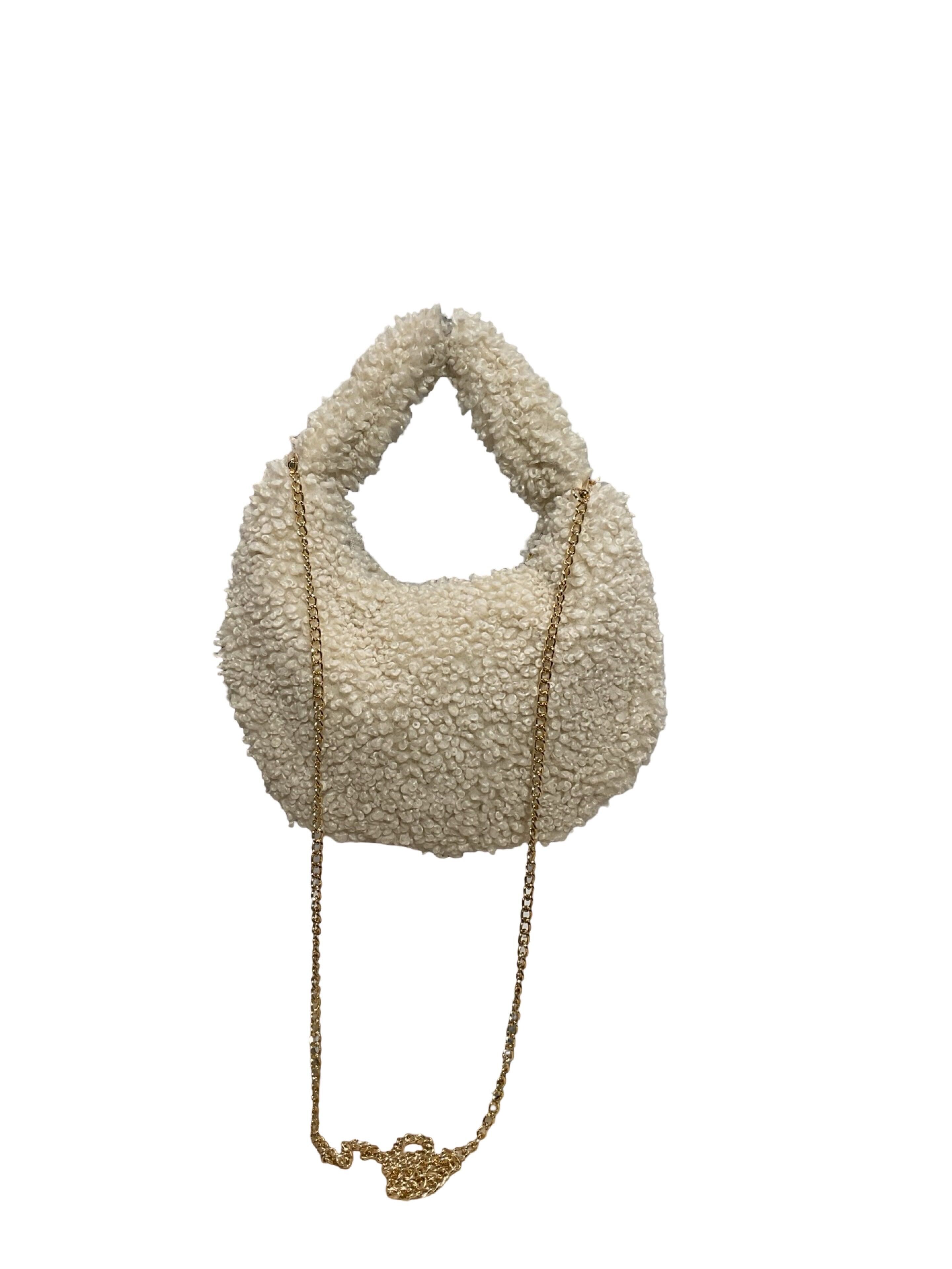 BORSA A MEZZALUNA CON RIFINITURE IN PELLICCIA E PELLE TEDDY