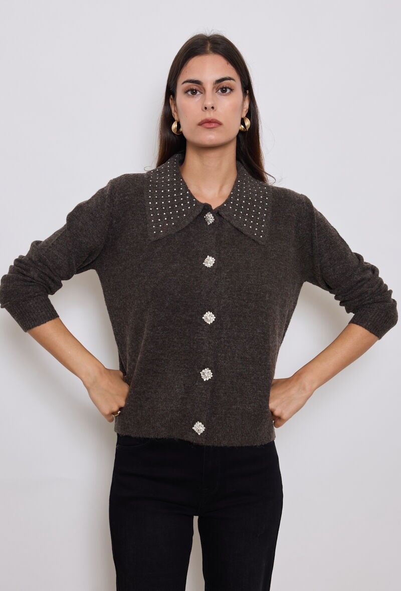 Gilet con strass sul colletto e bottoni decorativi