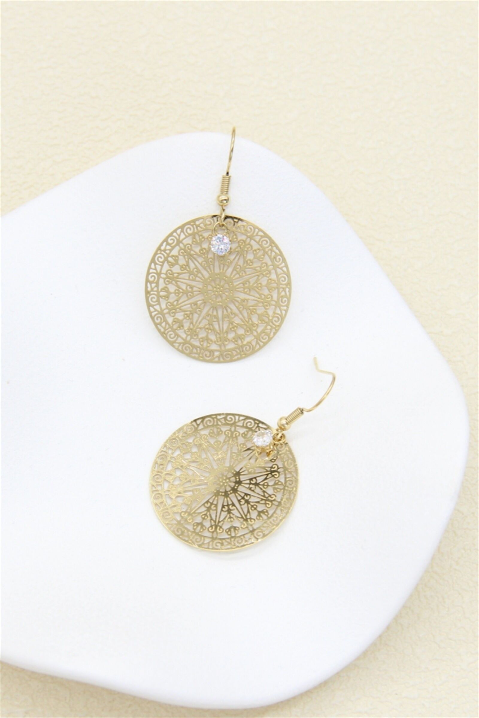 Gold-tone openwork earrings with rhinestones – stainless steel
