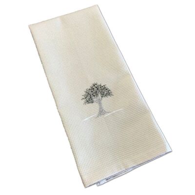 Embroidered tea towel and cotton hand towel l'olivier sable t.