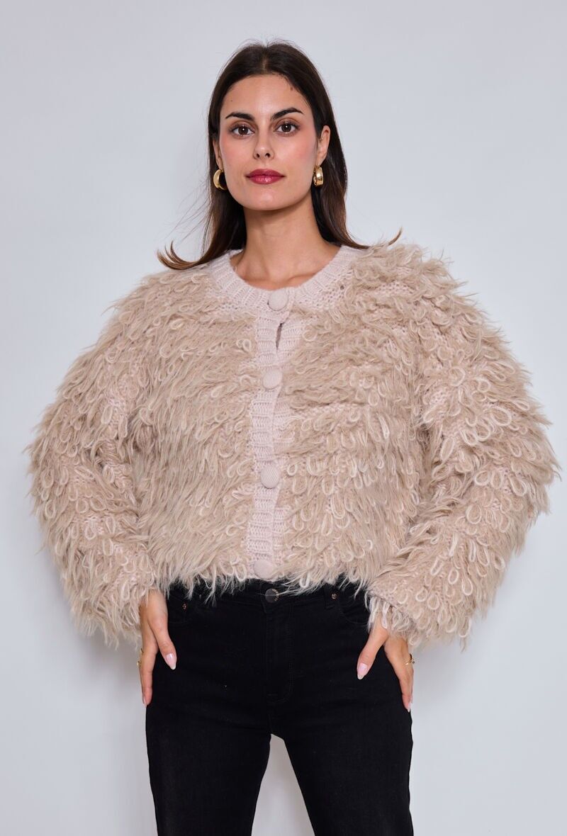Cardigan bouclé con effetto ecopelliccia