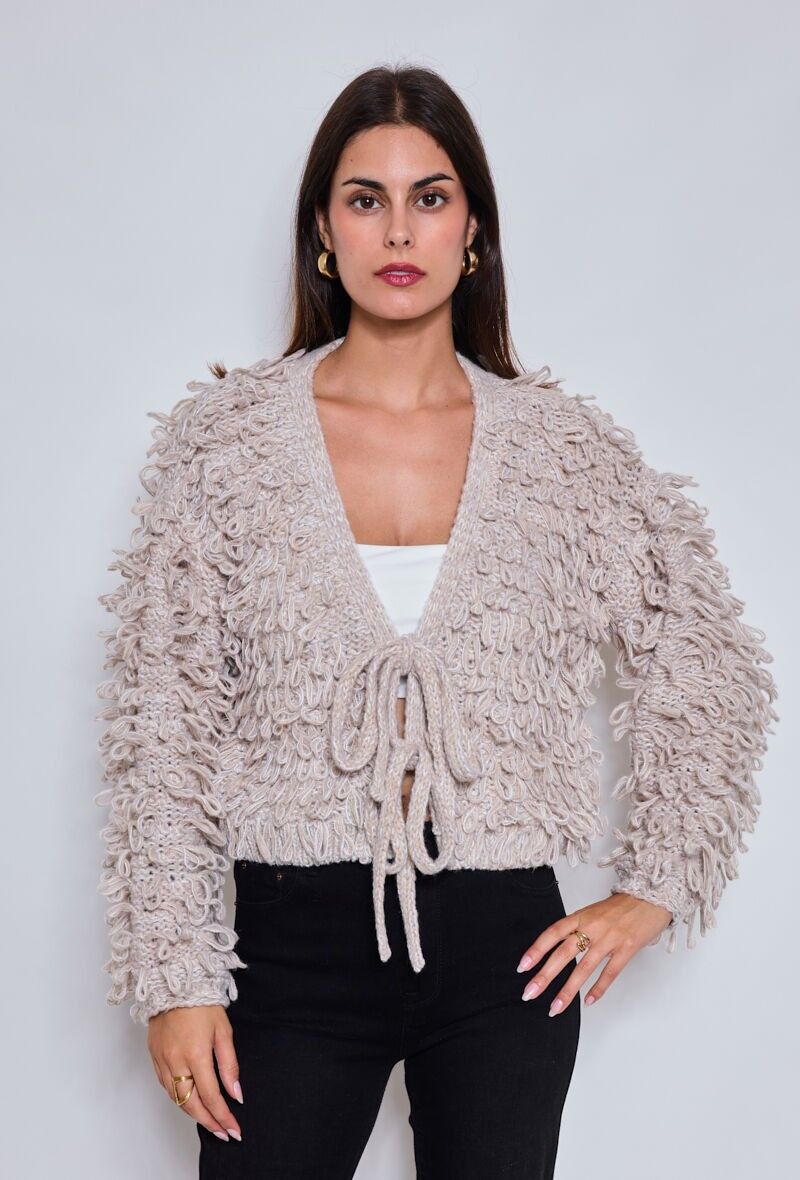 Cardigan bicolore ad anello con fiocco