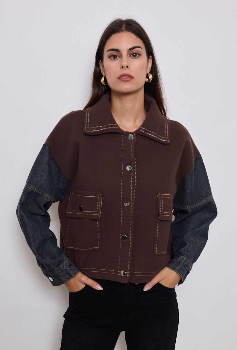 Giacca effetto lana con maniche in denim