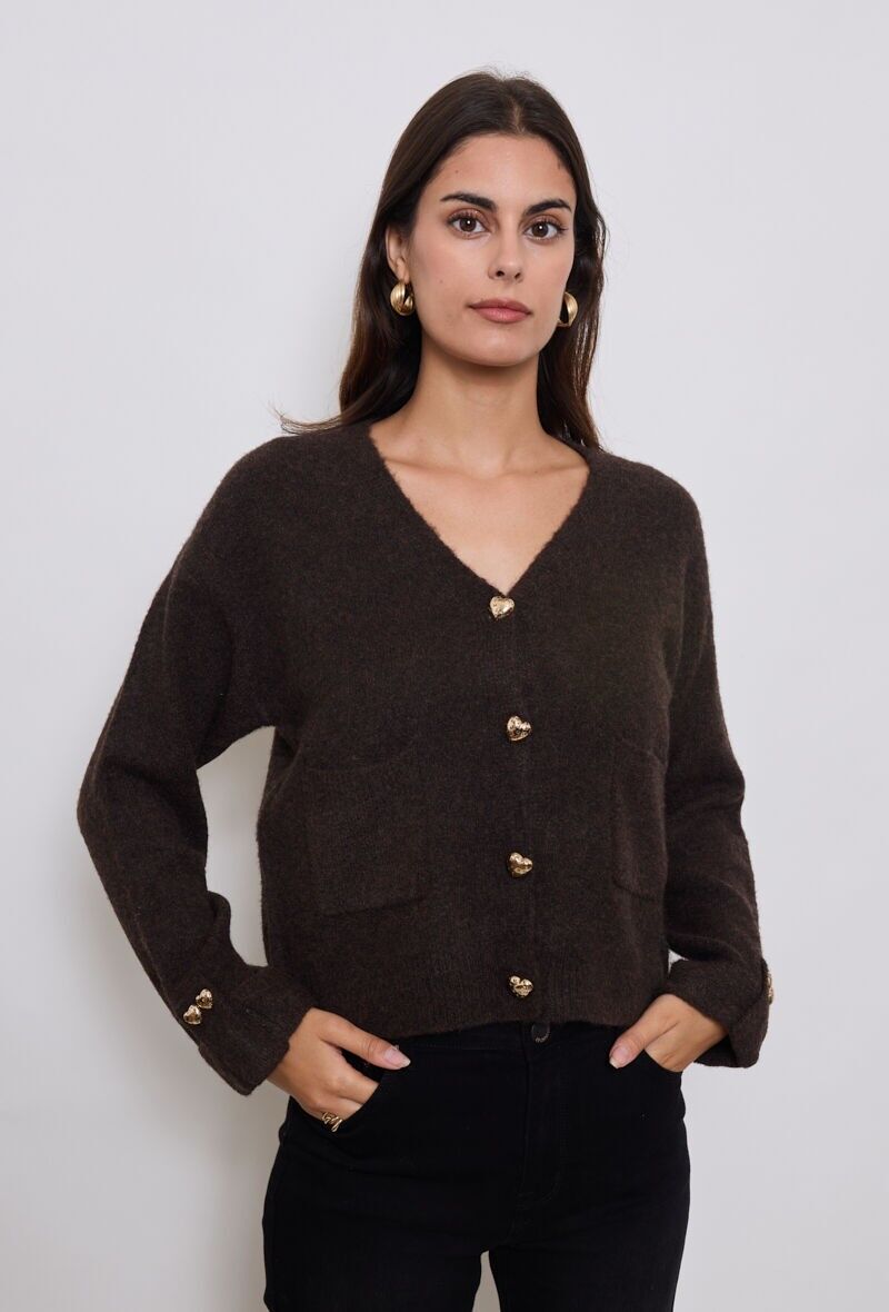 Cardigan con doppia tasca, bottoni a cuore dorati e dettagli sulle maniche