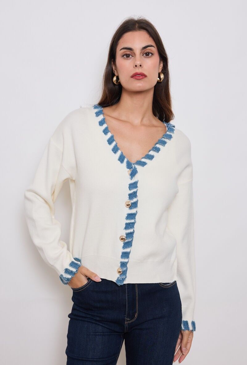 Cardigan lungo con dettagli in denim a contrasto