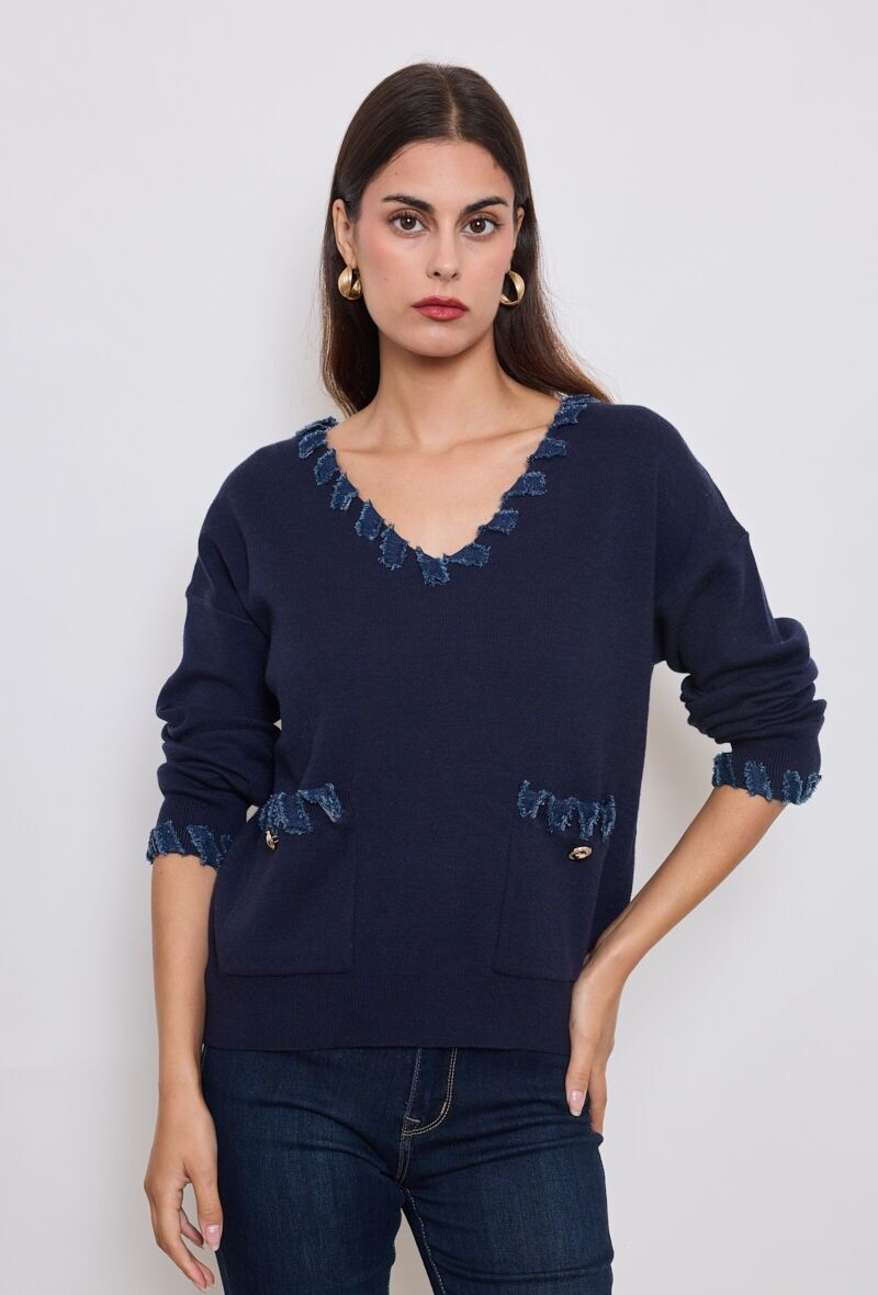 Maglione lungo con finiture in denim