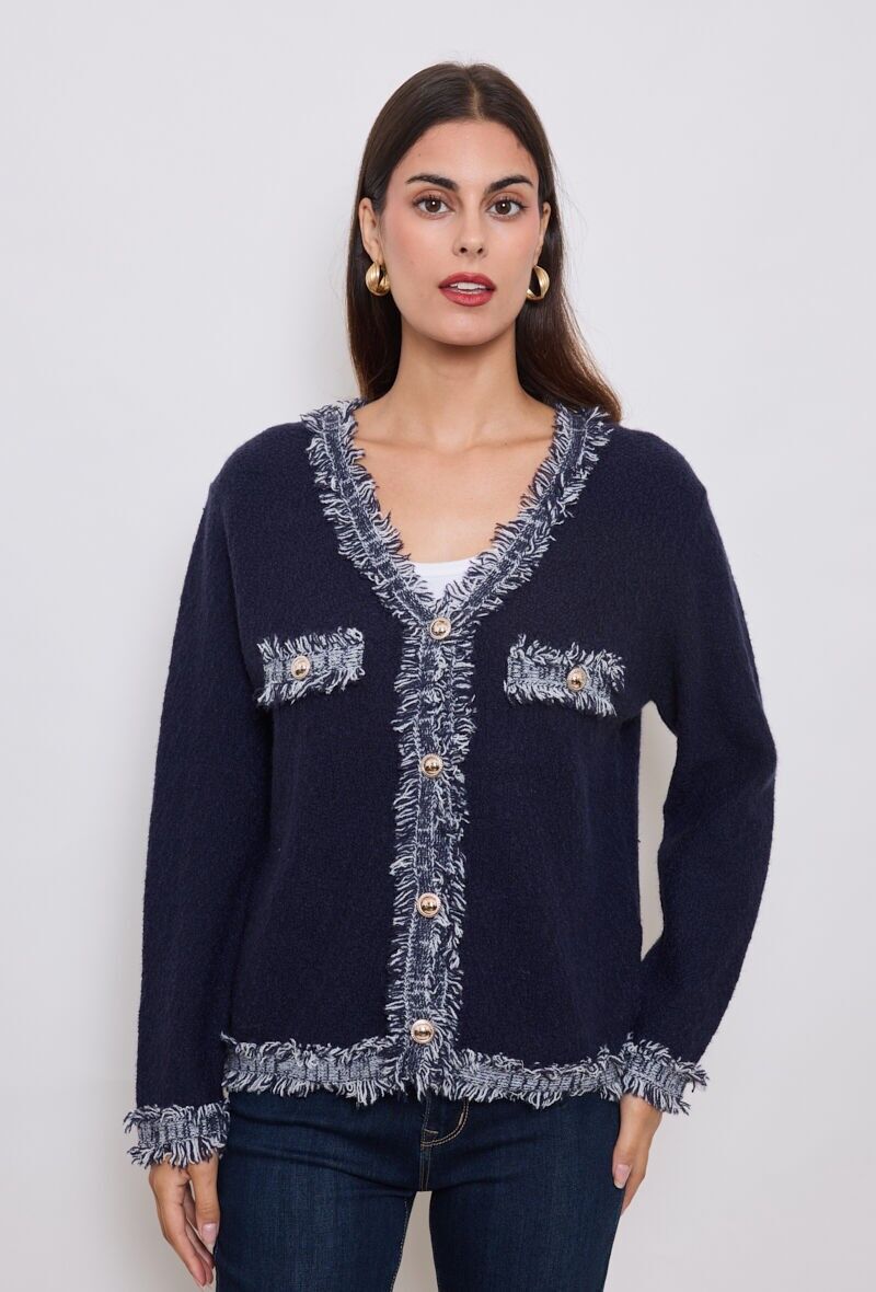 Cardigan con scollo a V e frange decorative