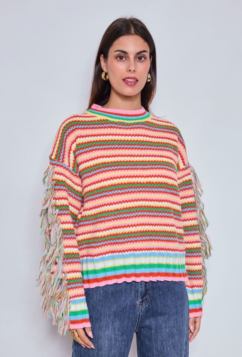 Maglione multicolore lavorato a maglia con frange