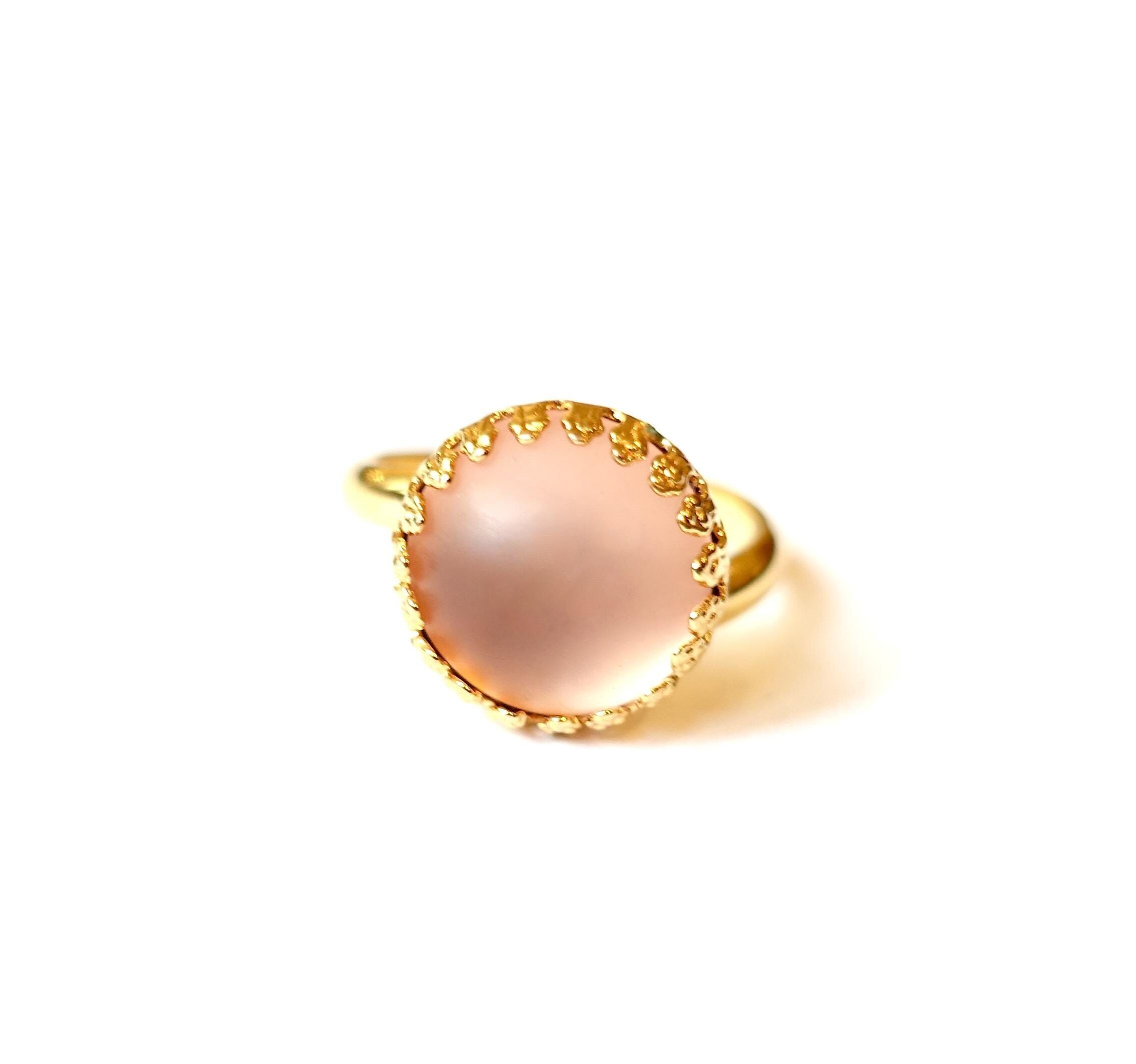 Besonderer vintage Ring matt rosa Gold bohemia Glas rose 13mm echt vergoldet handgemachter Glasstein 1970s handmade in cologne