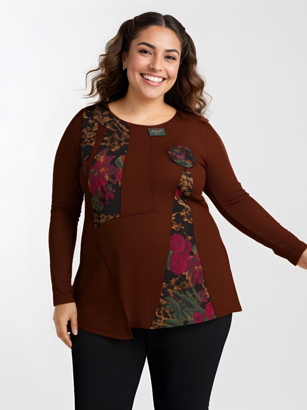 Tunique marron grande taille semi-imprimé (A270)