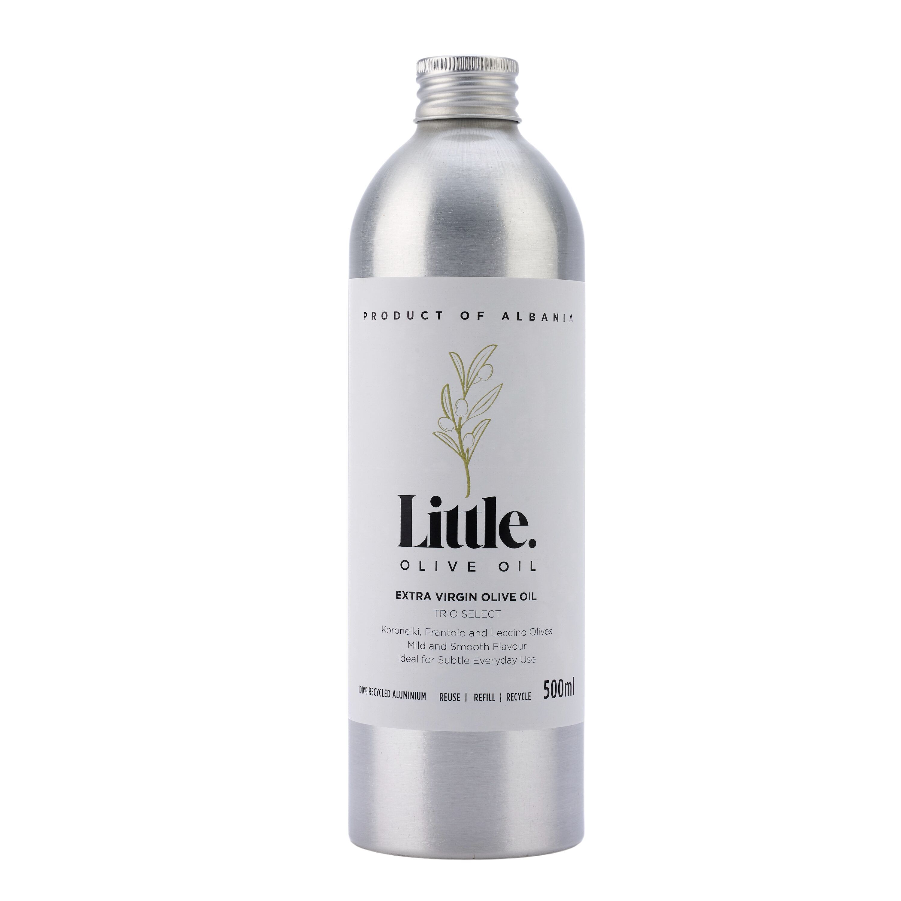 Huile d'olive extra vierge Trio Select 500 ml - Bouteille en aluminium recyclé