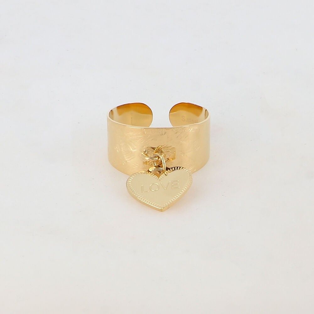 Heart-shaped tassel ring with the word "LOVE" engraved on it