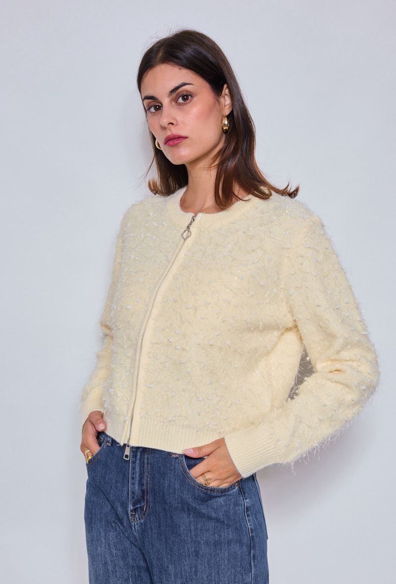 Cardigan testurizzato con cerniera e scollo rotondo