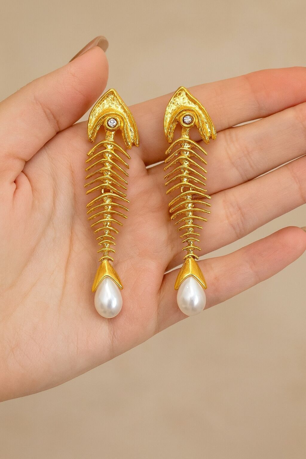 Fish skeleton earrings, extravagant earrings, long earrings