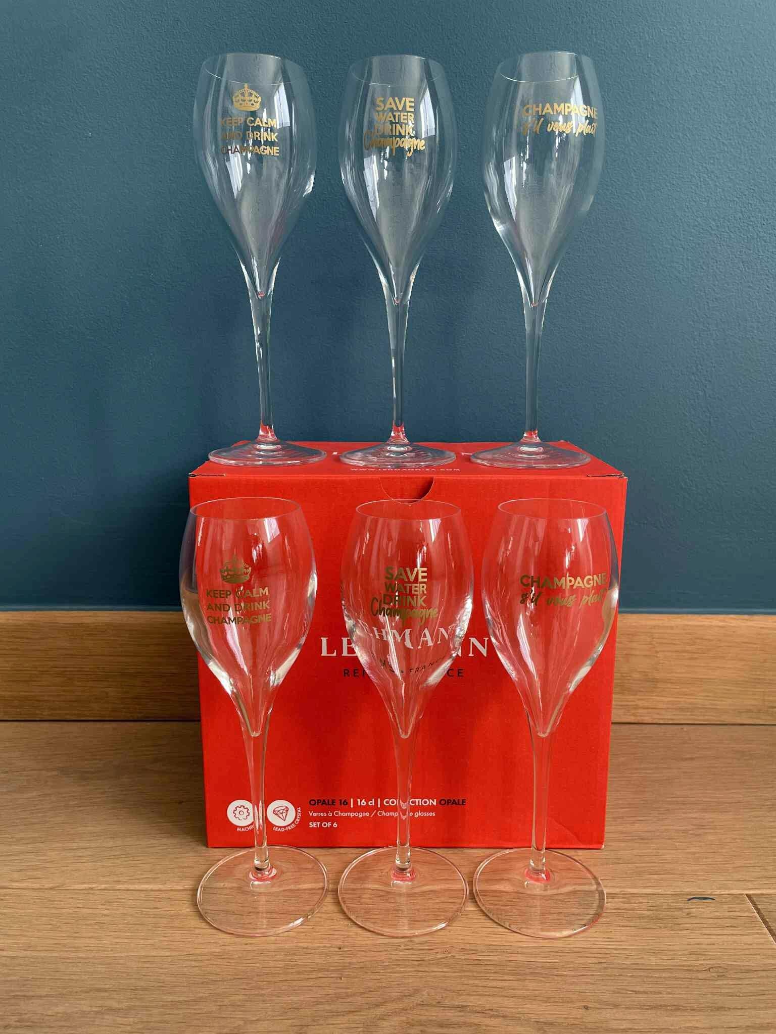 Set mit 6 Champagnergläsern und 3 Botschaften: Ruhe bewahren, Wasser sparen, Bitte – Geschenkidee – Partys – Geburtstag