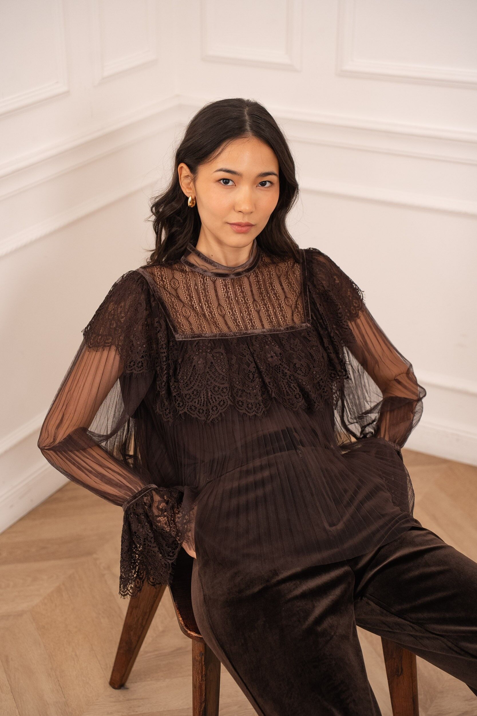 Blouse en dentelle et tulle plissé - 81067