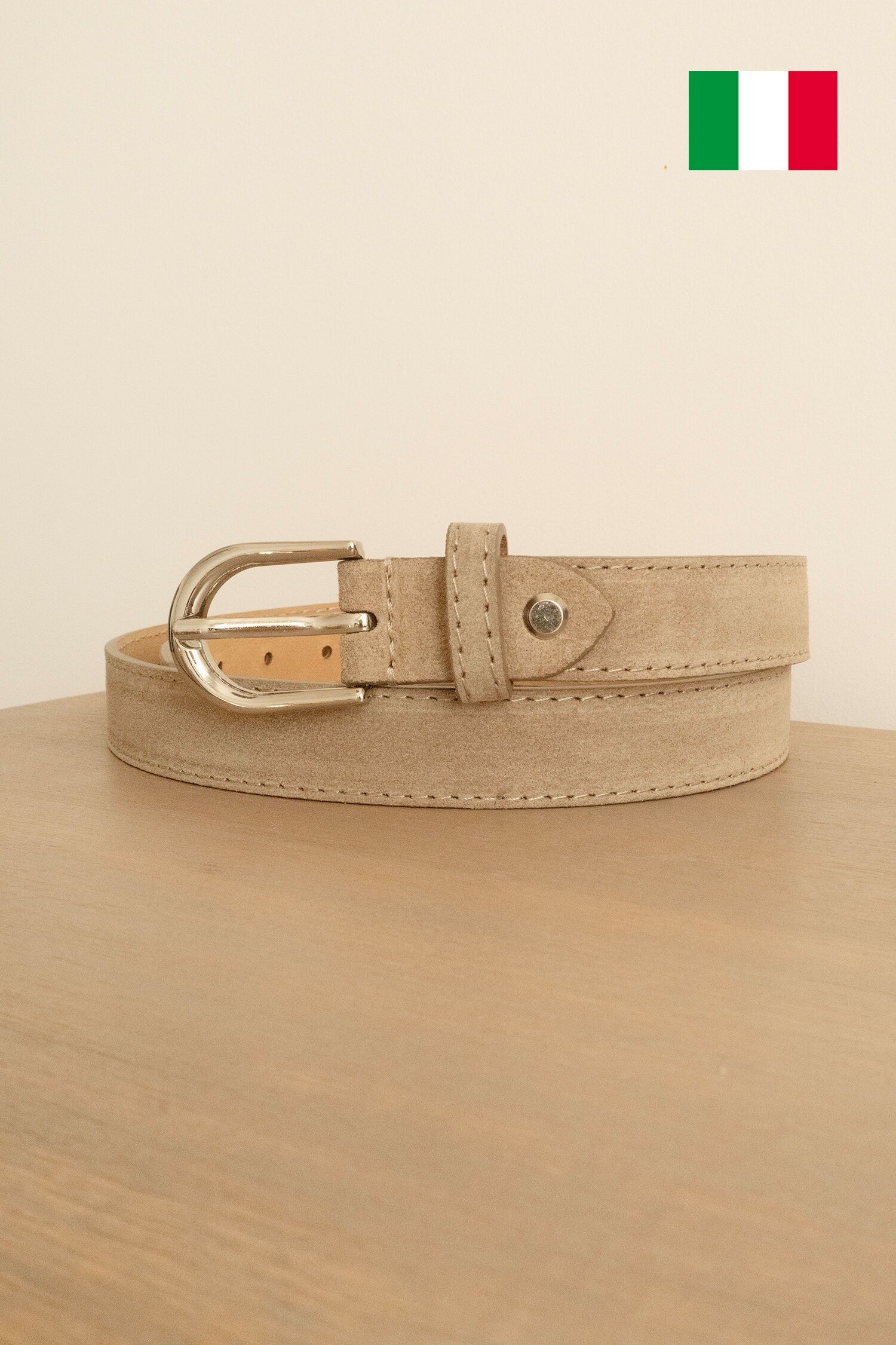 Women's suede leather belt, 2.5 cm wide. Made in Italy. IT250-DAIM-TAUPE