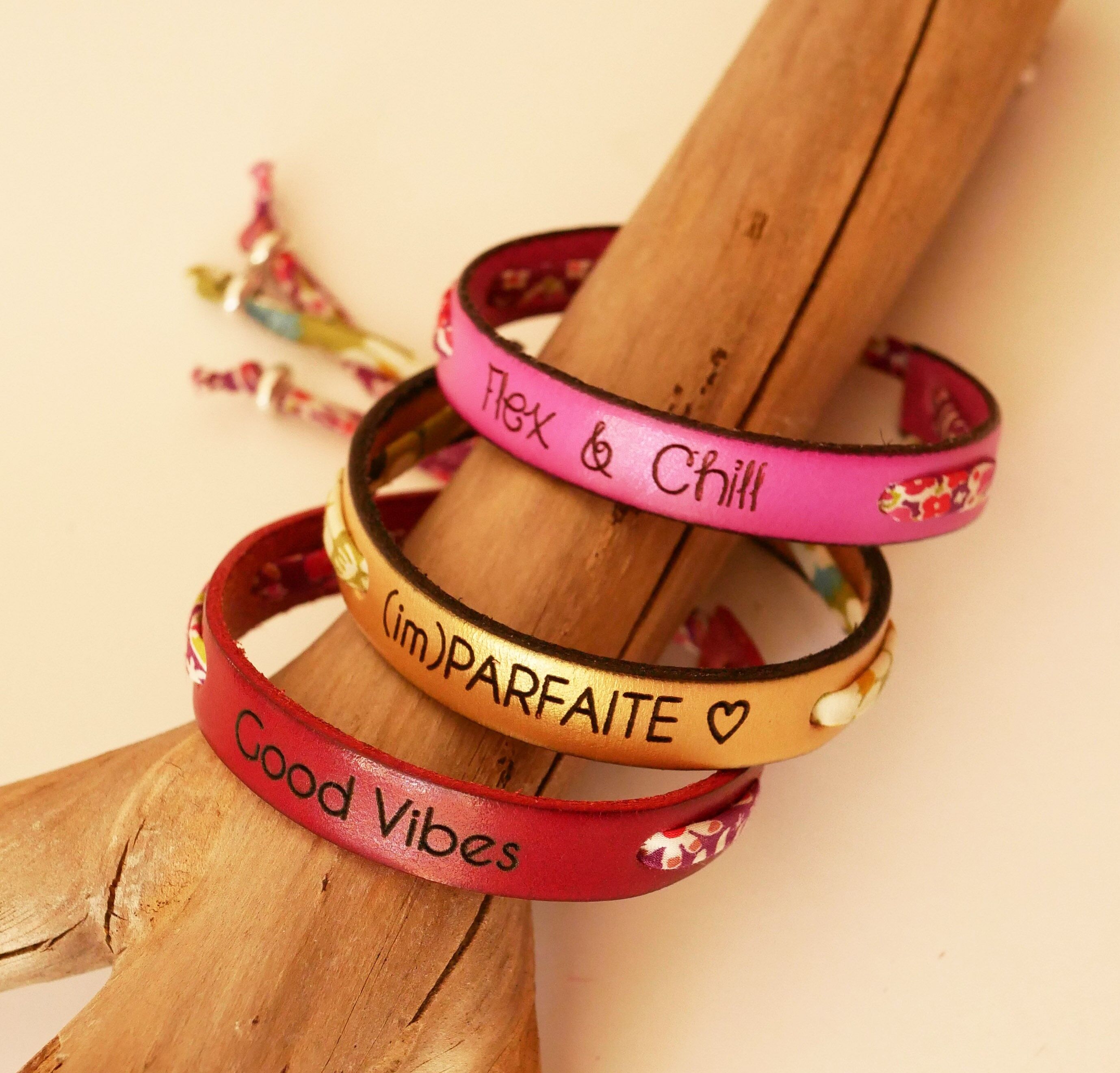 3 leather and Liberty floral fabric bracelets engraved for women