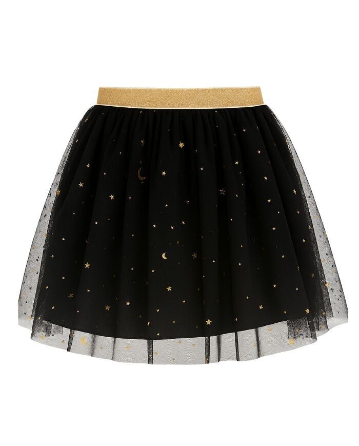Gonna tutù in tulle nero con paillettes dorate - Taglie da 2 a 14 anni. Prodotto in Francia.