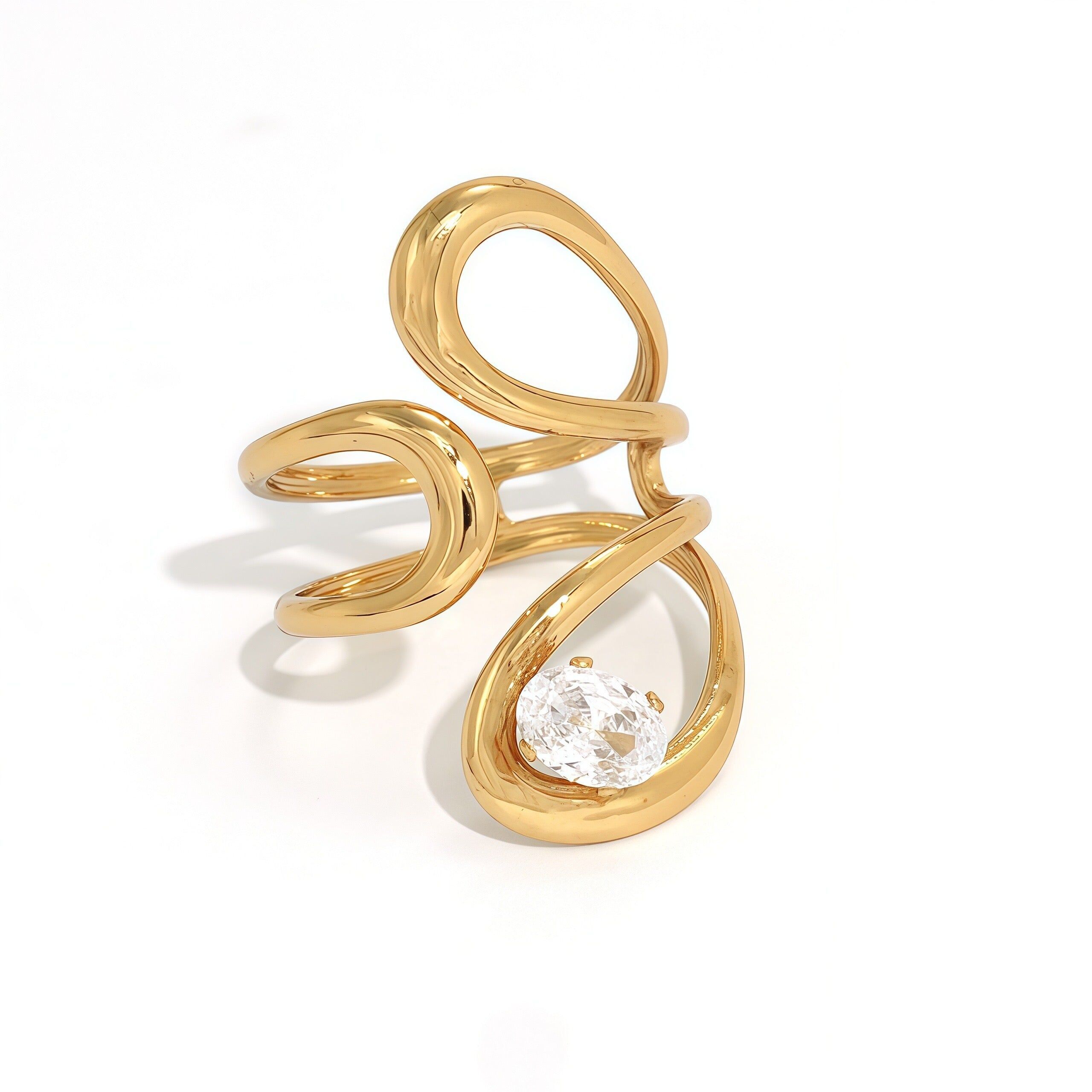 Anello regolabile in oro con motivo traforato e strass ovali