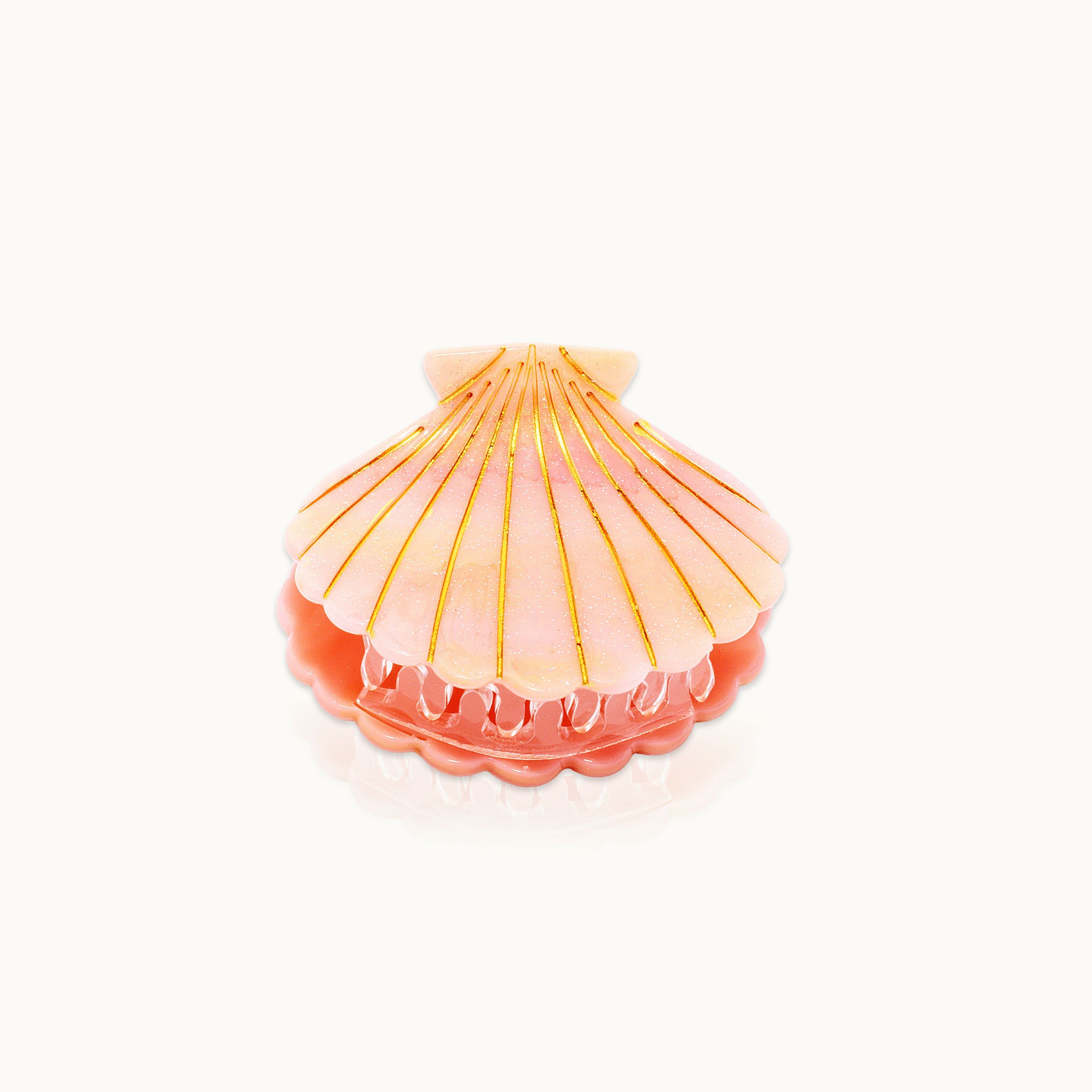 Seashell-shaped hair clip, glitter, peach