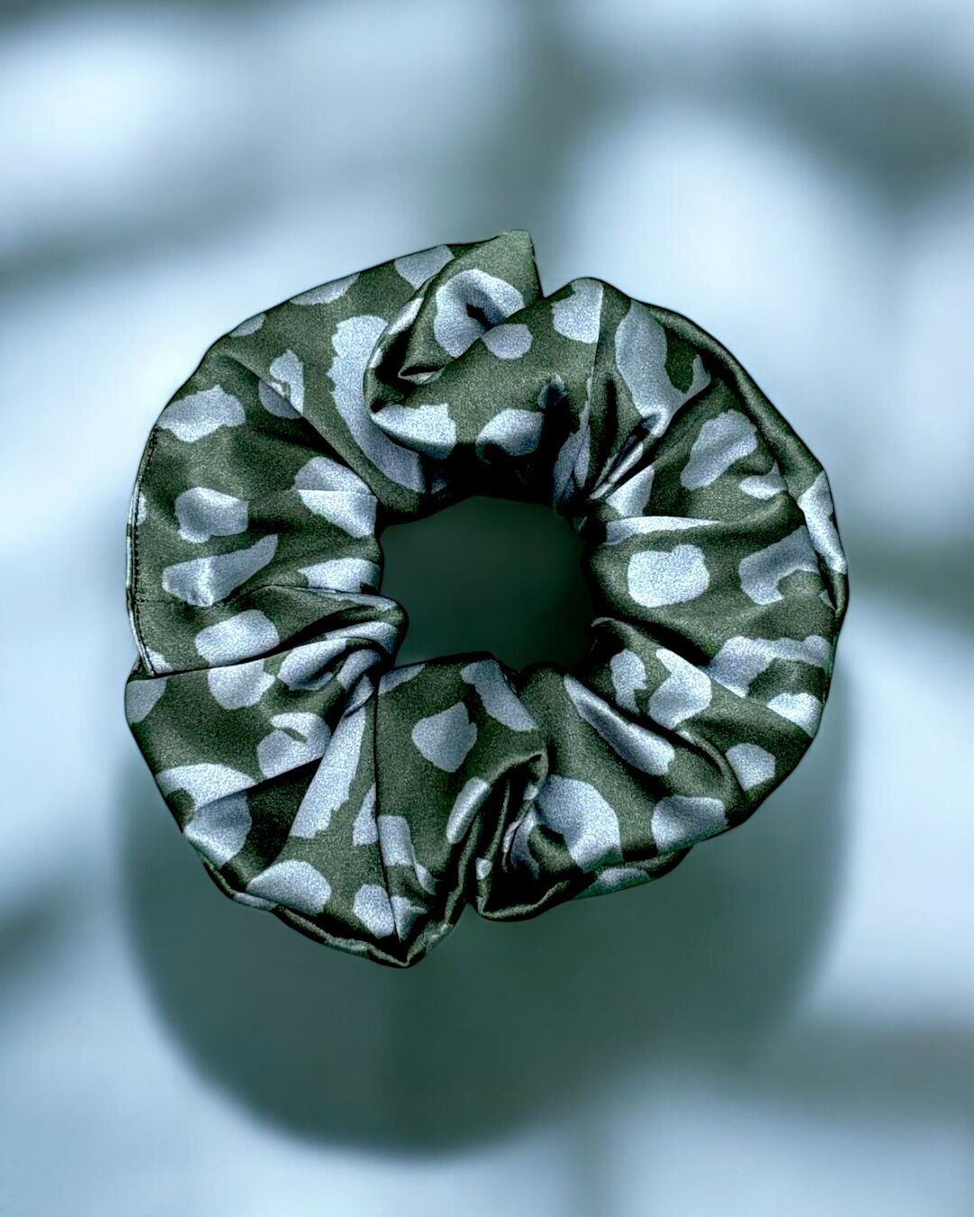 Oversize Silk Hair Scrunchie with Leopard Print (Ice Blue / Forest Green)