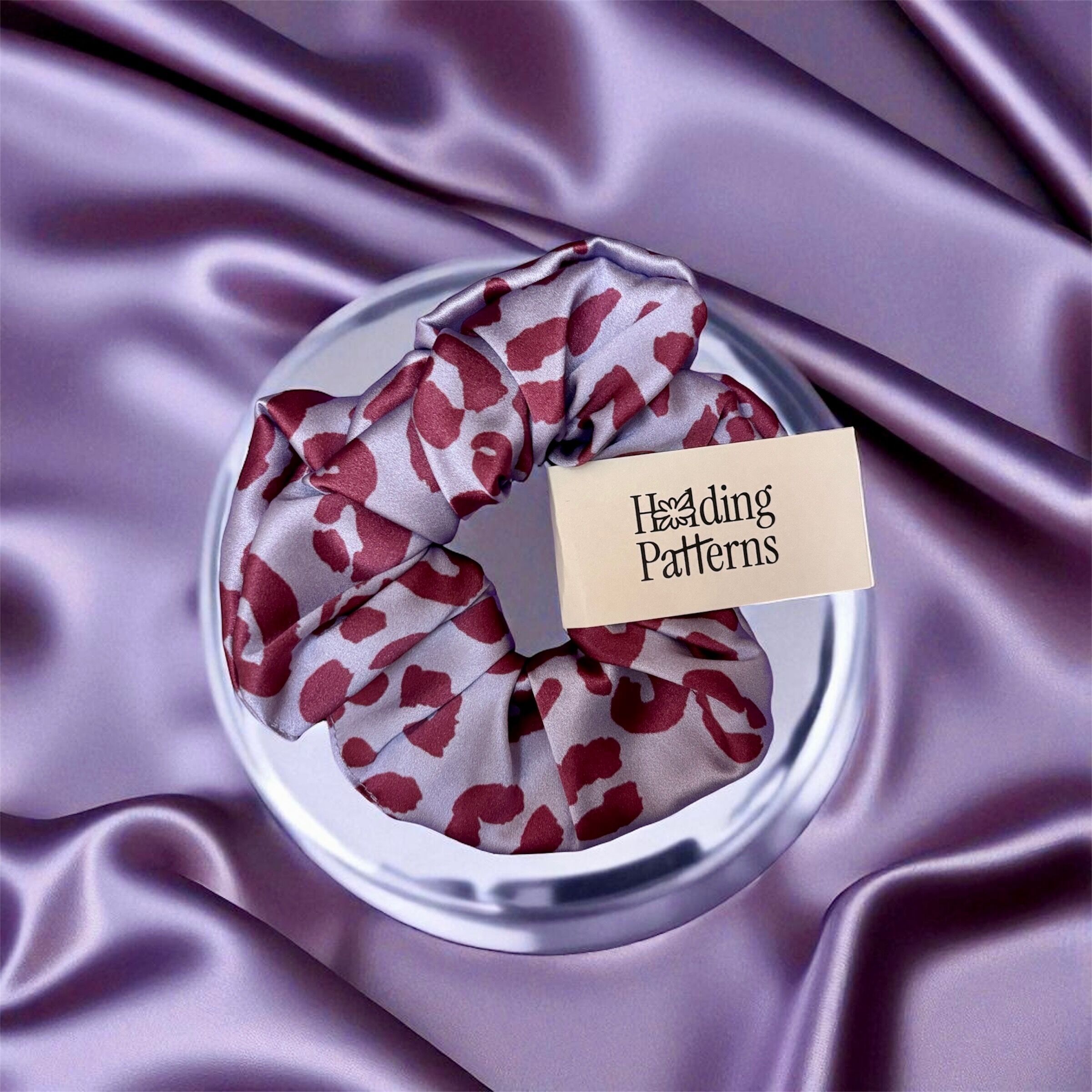 Oversize Silk Hair Scrunchie with Leopard Print (Aubergine / Lavender)