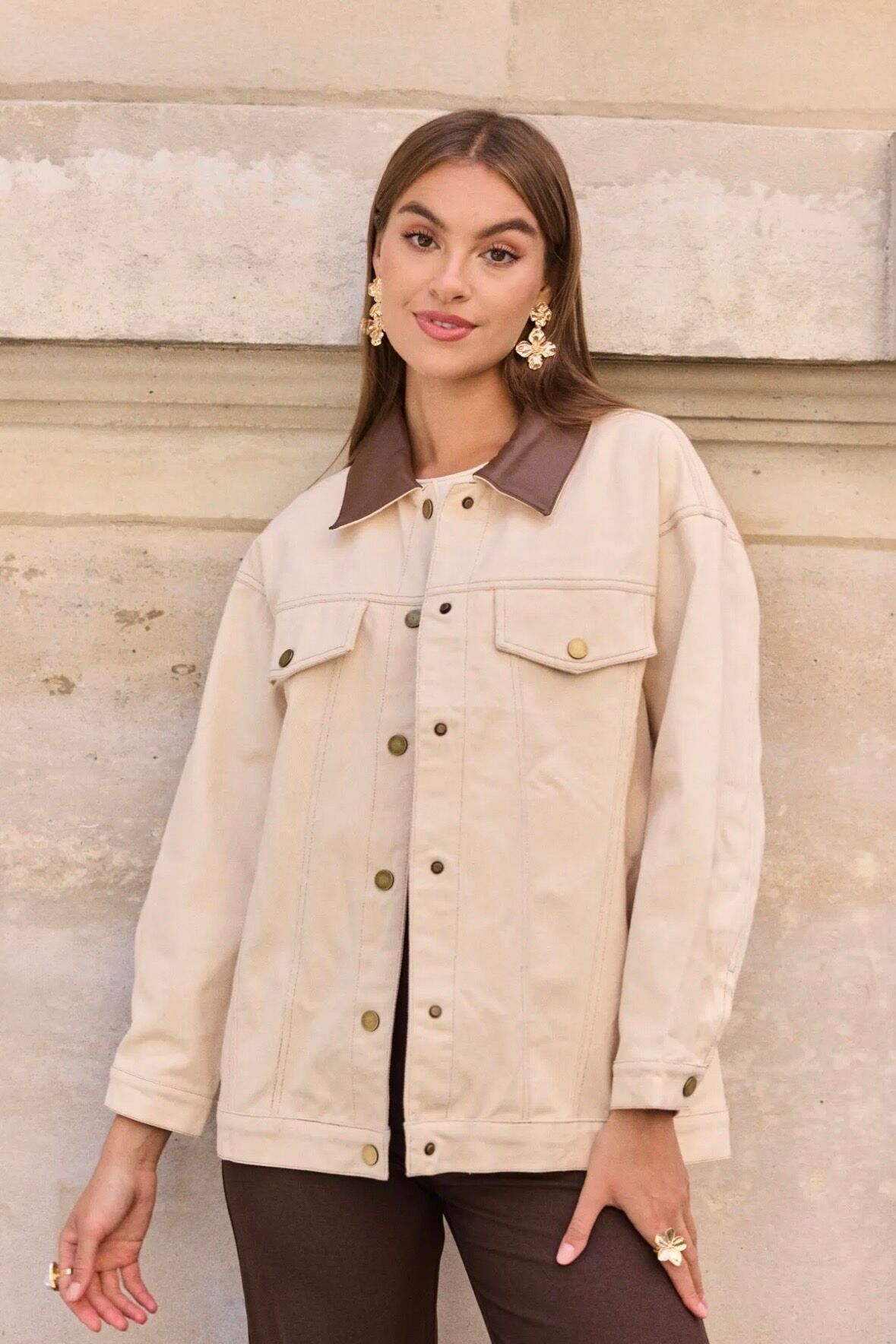 Giacca in denim con colletto in pelle - 5674