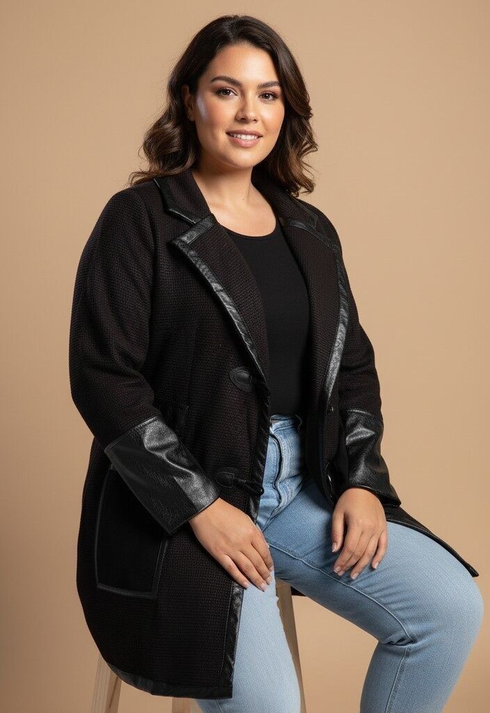 Veste noir grande taille avec patch similicuir (A563)