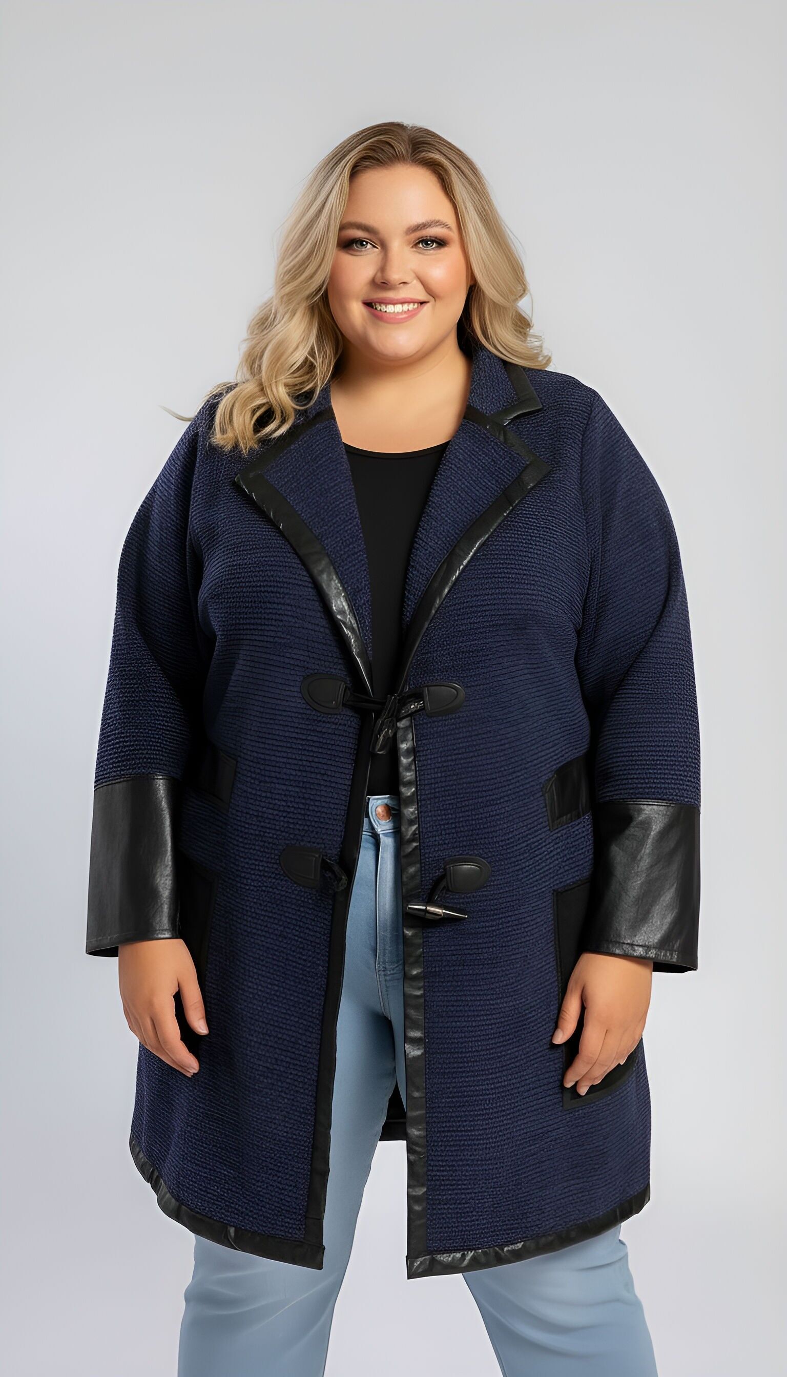 Veste bleu grande taille avec patch similicuir (A563)