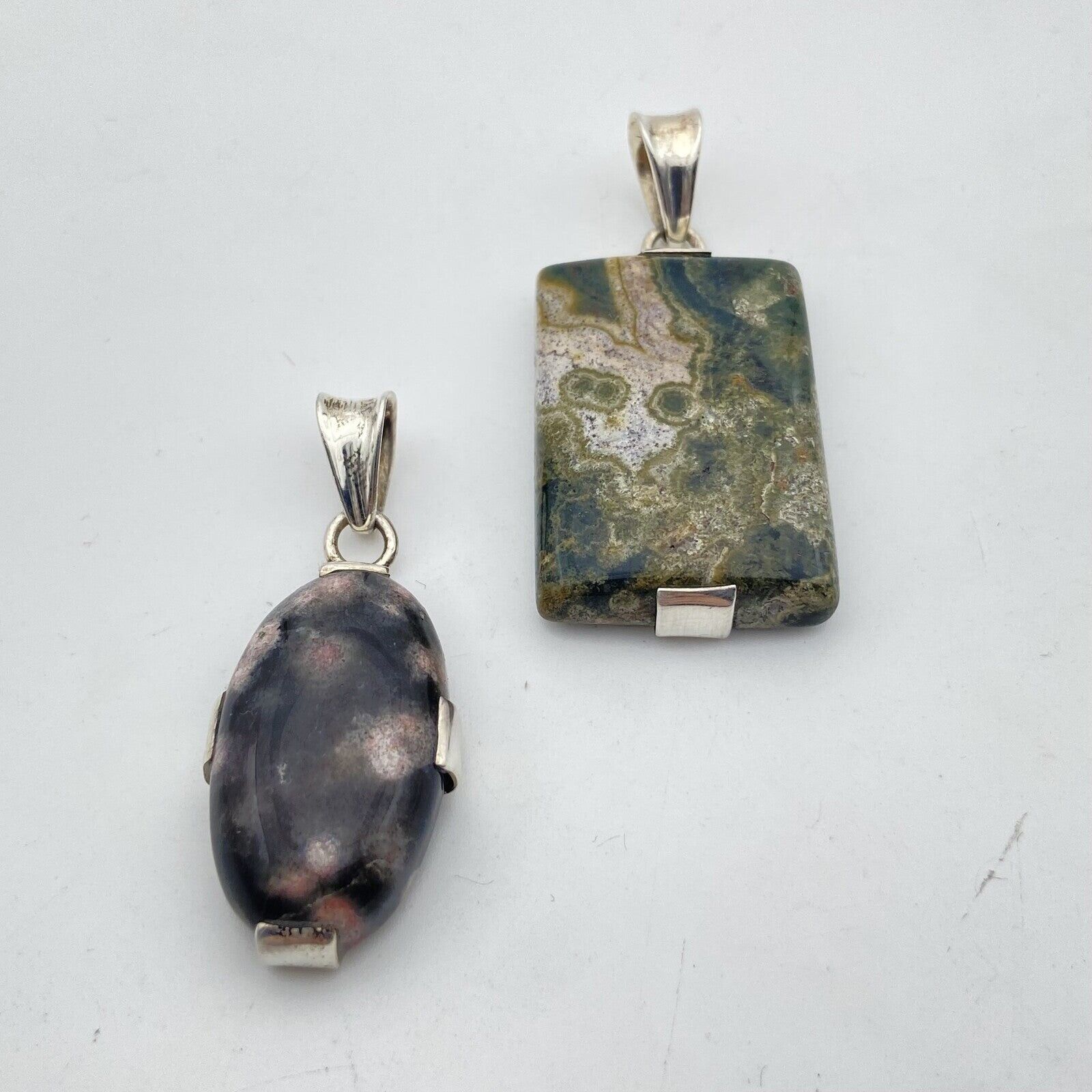 Set of 2 Silver Pendants - Ocean Jasper / Orbicular #1